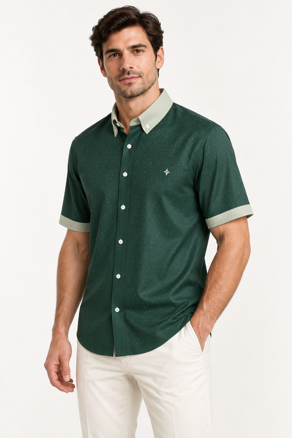 UNIKCOSA Forest Oyster — 100% Silk Satin Button-Down Shirt, side view; AI-generated model illustration.
