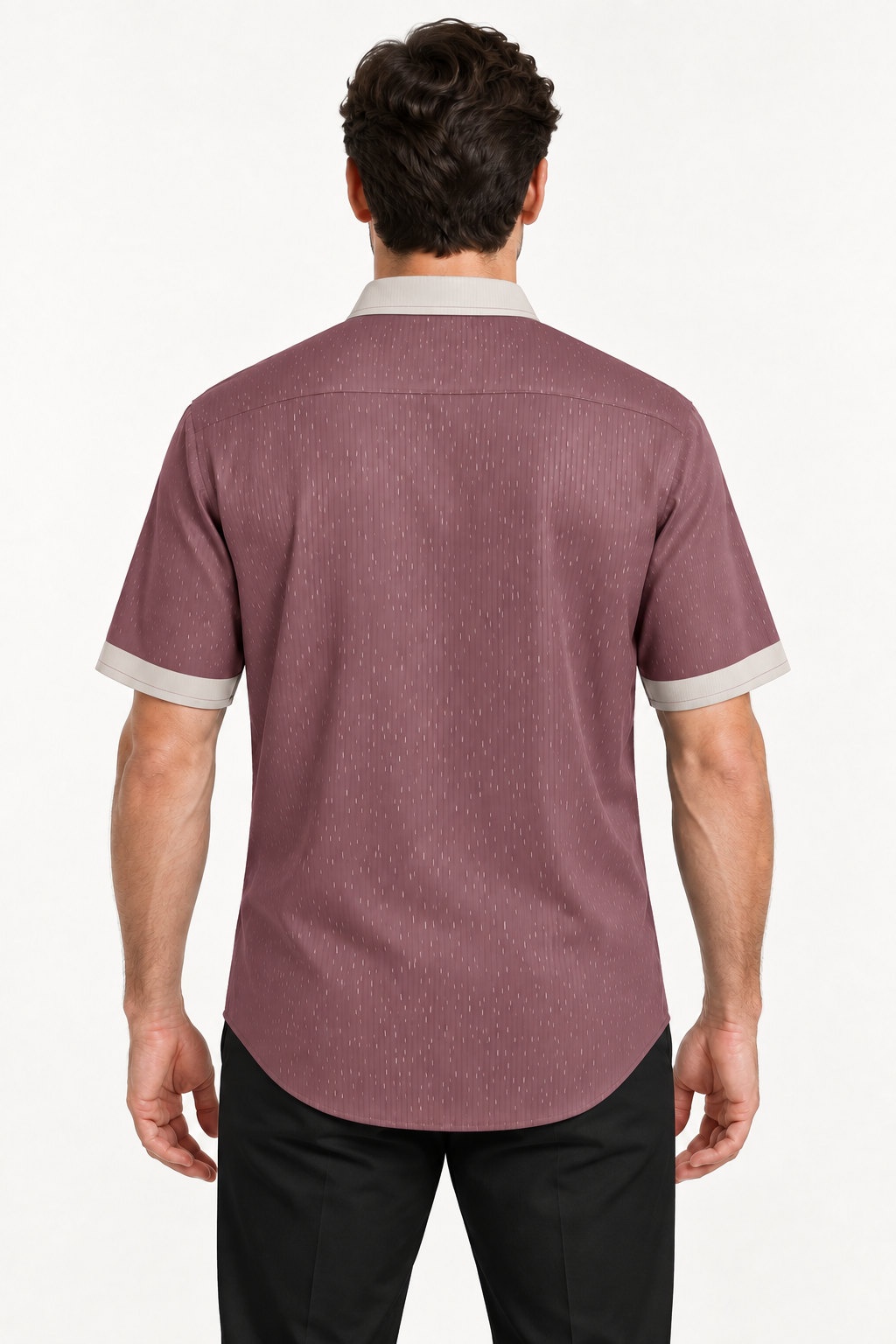 UNIKCOSA Rosewood Pearl 100% Silk Satin Button-Down Shirt, back view; AI-generated model illustration.