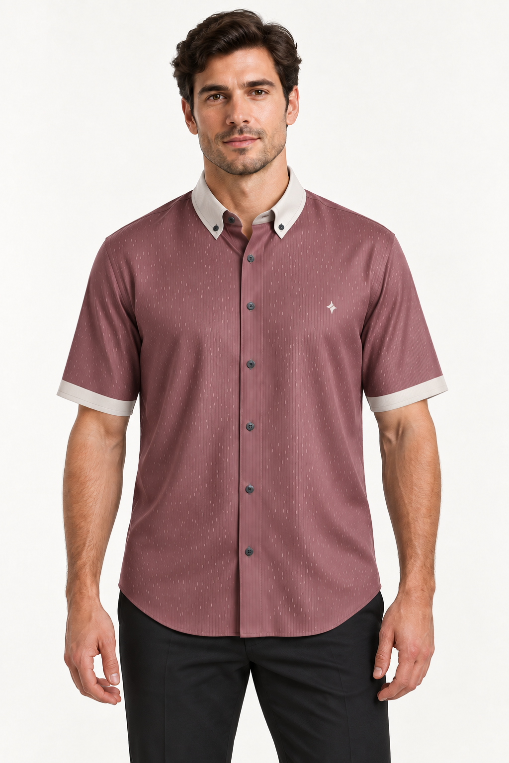 UNIKCOSA Rosewood Pearl — 100% Silk Satin Button-Down Shirt, front view; AI-generated model illustration.