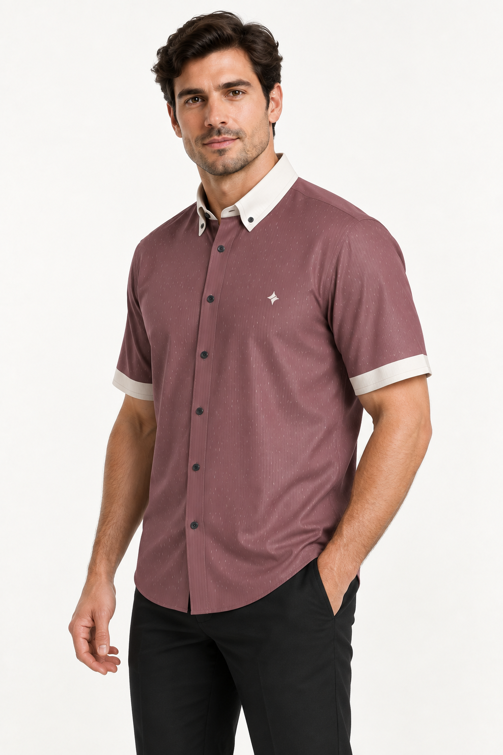 UNIKCOSA Rosewood Pearl — 100% Silk Satin Button-Down Shirt, side view; AI-generated model illustration.