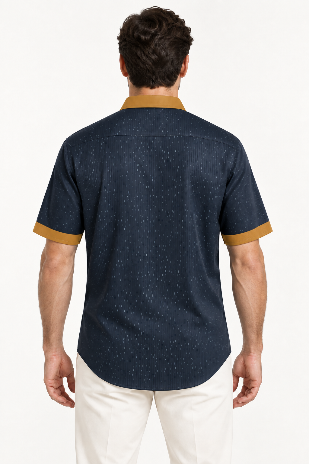 UNIKCOSA Ink Saffron 100% Silk Satin Button-Down Shirt, back view; AI-generated model illustration.