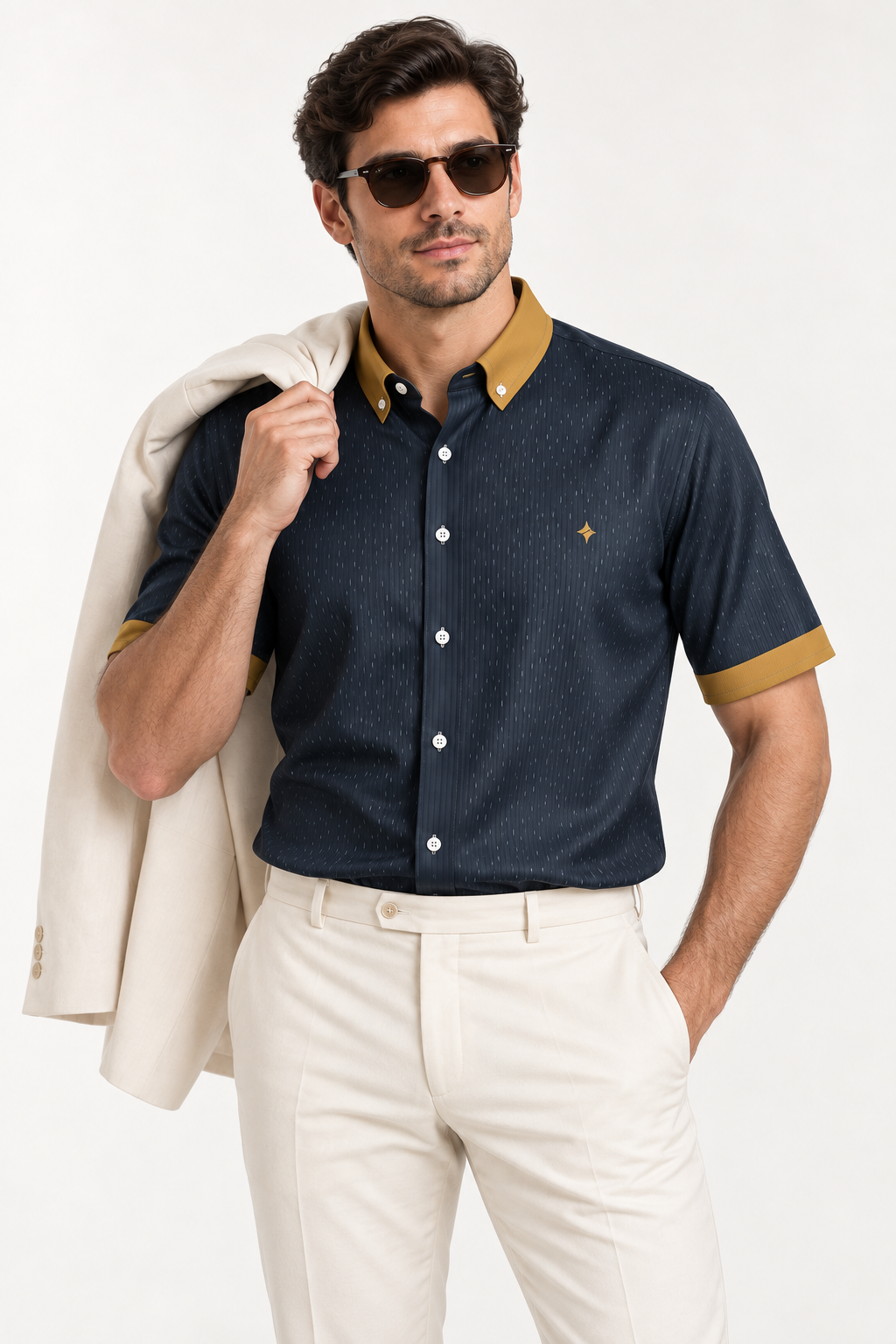 UNIKCOSA Ink Saffron — 100% Silk Satin Button-Down Shirt, tucked styling with coordinated trousers and jacket; AI-generated model illustration.