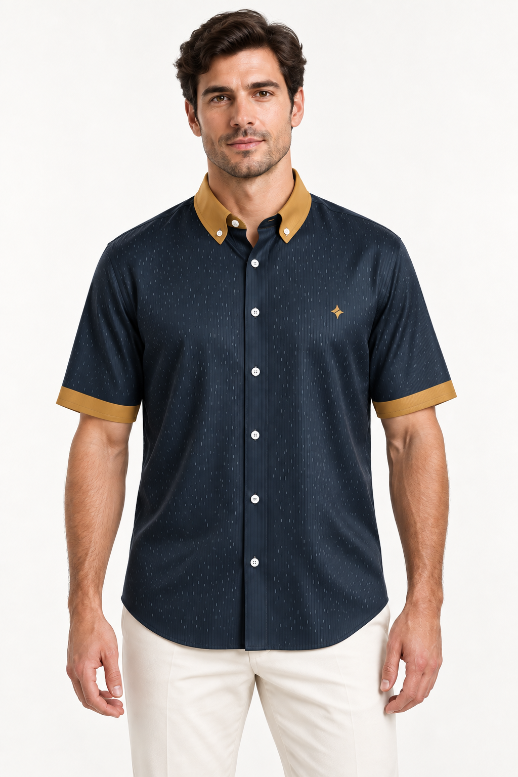 UNIKCOSA Ink Saffron — 100% Silk Satin Button-Down Shirt, front view; AI-generated model illustration.