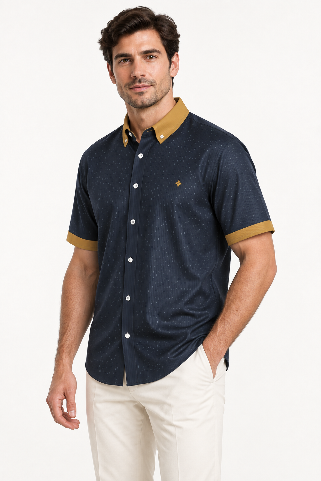 UNIKCOSA Ink Saffron — 100% Silk Satin Button-Down Shirt, side view; AI-generated model illustration.