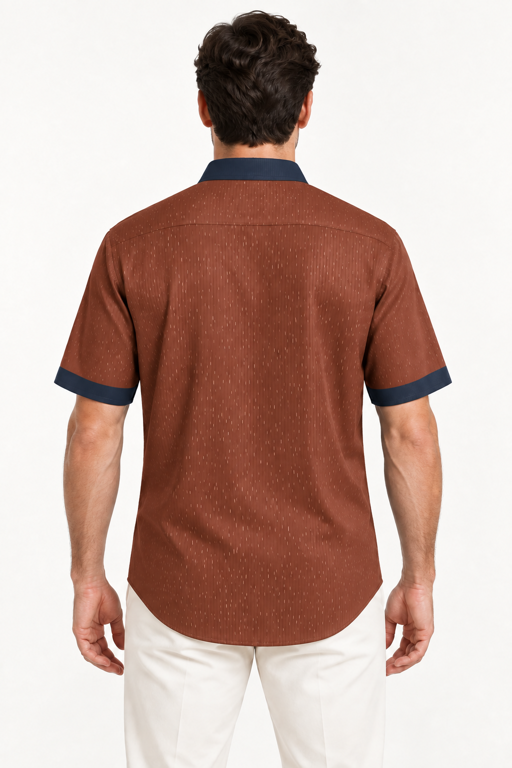 UNIKCOSA Auburn Night 100% Silk Satin Button-Down Shirt, back view; AI-generated model illustration.