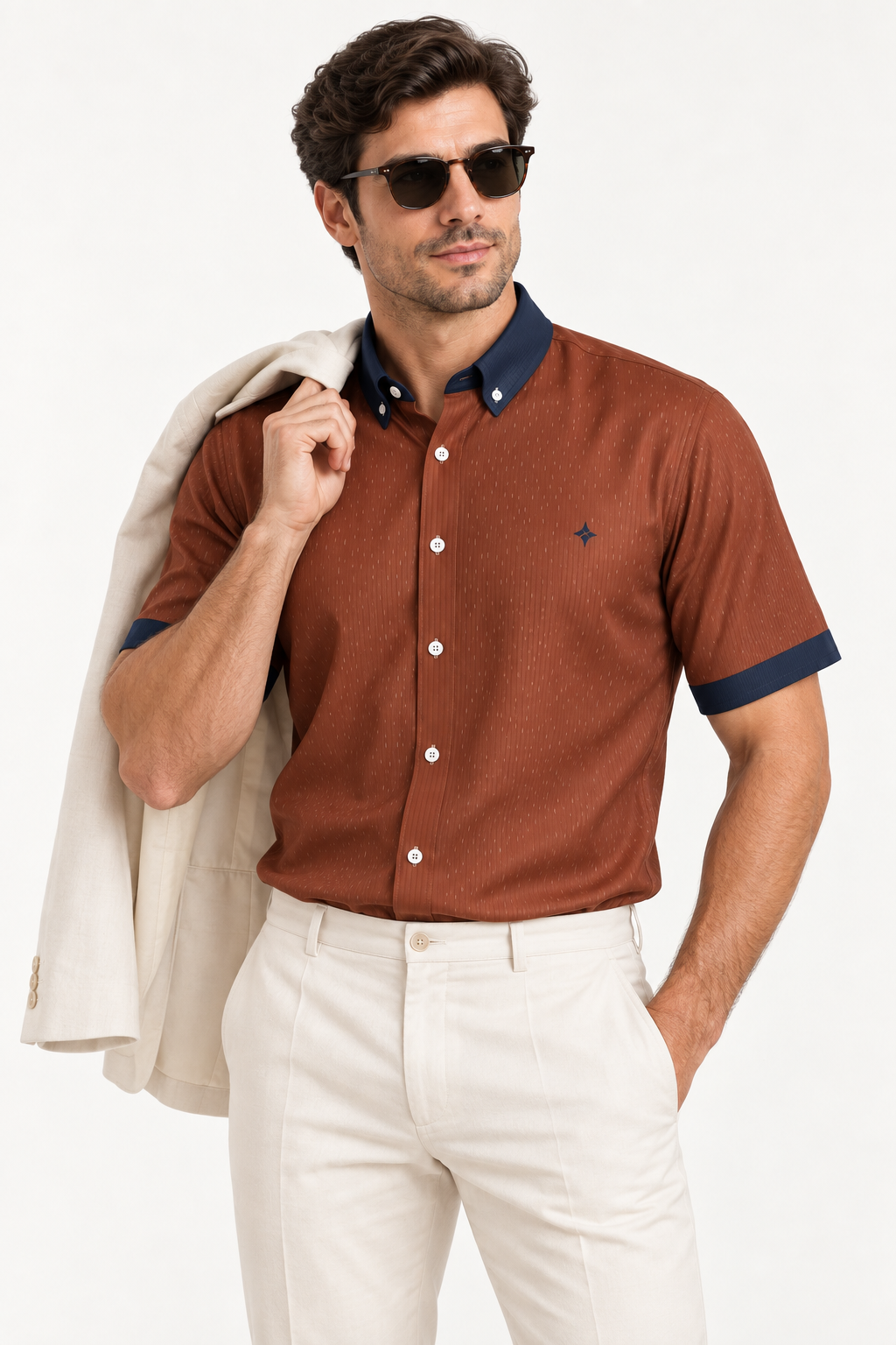 UNIKCOSA Auburn Night 100% Silk Satin Button-Down Shirt, tucked styling with coordinated trousers and jacket; AI-generated model illustration.