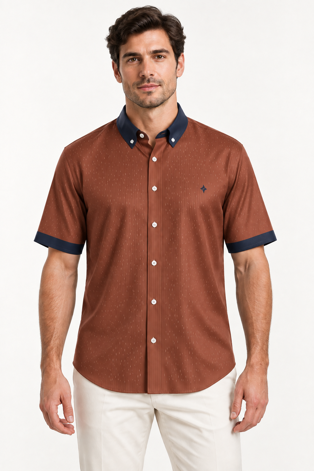 UNIKCOSA Auburn Night 100% Silk Satin Button-Down Shirt, front view; AI-generated model illustration.