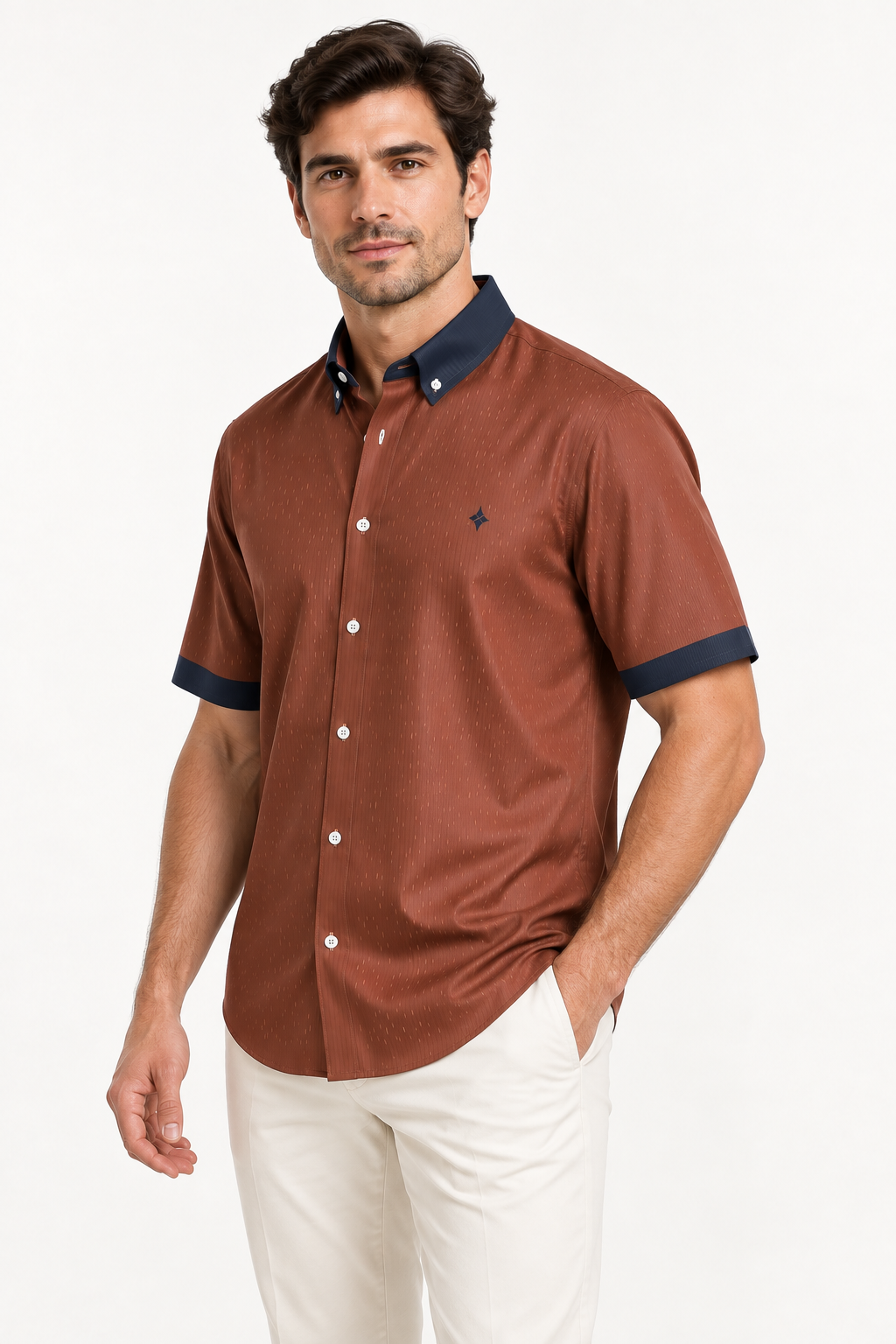 UNIKCOSA Auburn Night 100% Silk Satin Button-Down Shirt, side view; AI-generated model illustration.