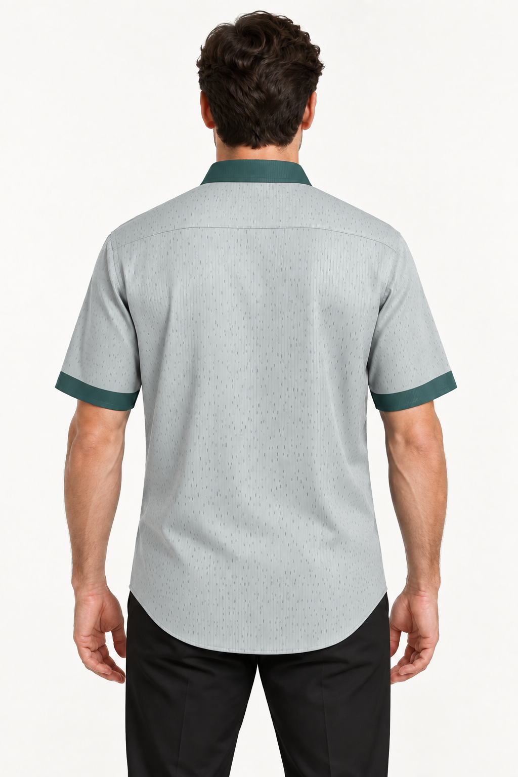 UNIKCOSA Silver Teal 100% Silk Satin Button-Down Shirt, back view; AI-generated model illustration.