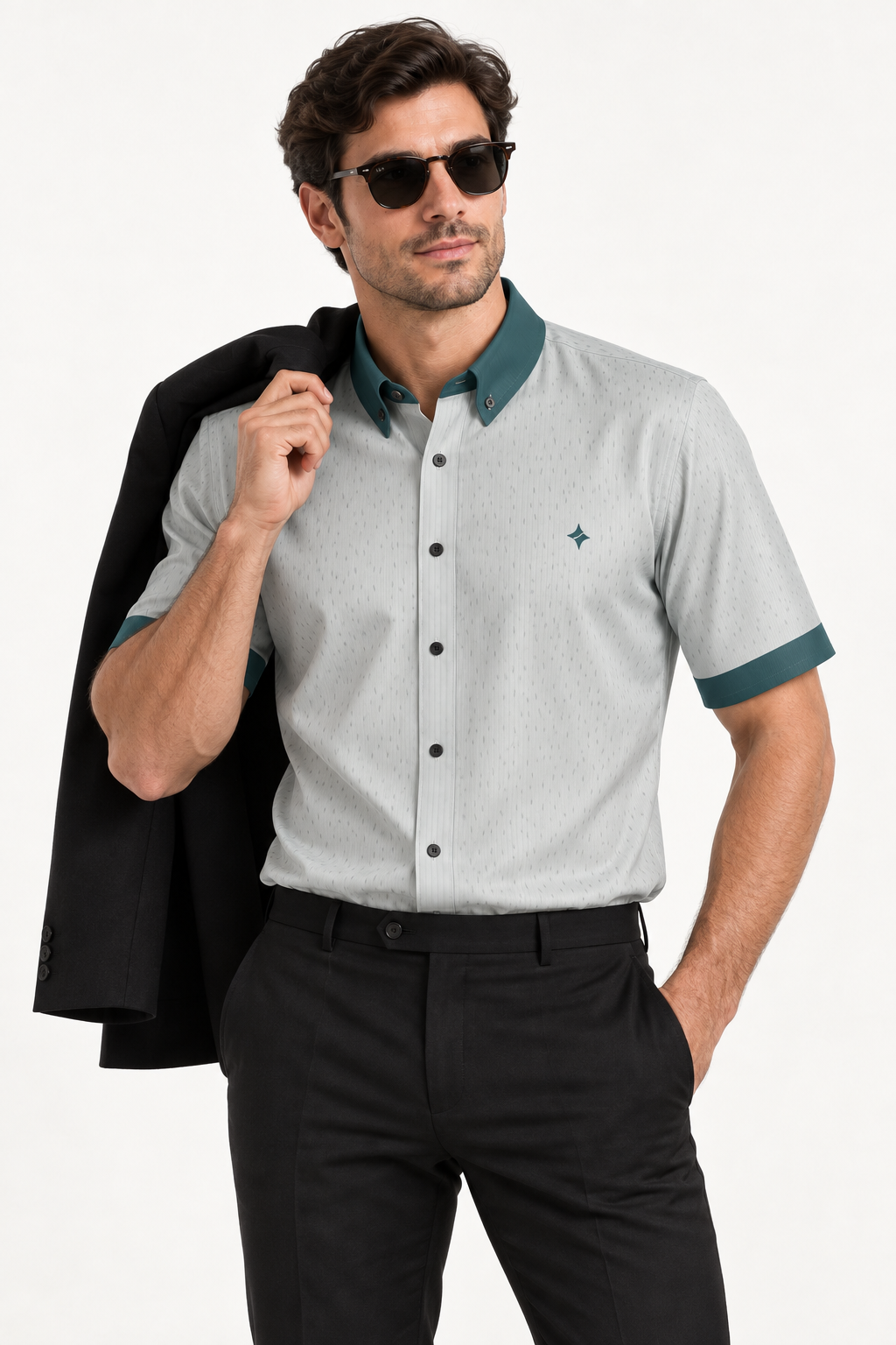 UNIKCOSA Silver Teal 100% Silk Satin Button-Down Shirt, tucked styling with coordinated trousers and jacket; AI-generated model illustration.