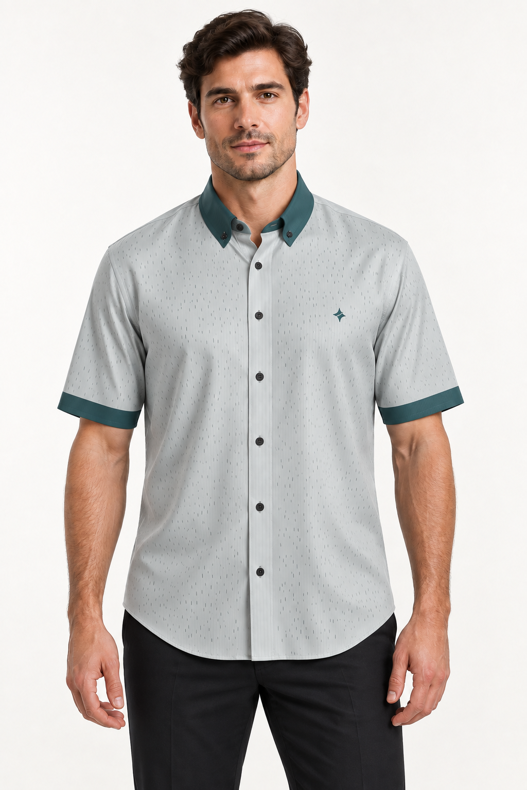 UNIKCOSA Silver Teal 100% Silk Satin Button-Down Shirt, front view; AI-generated model illustration.