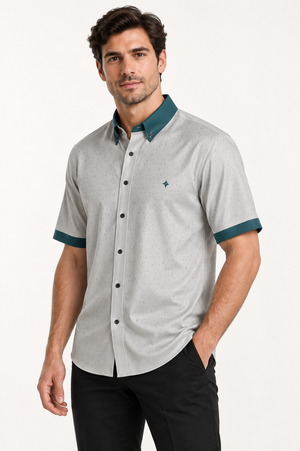 UNIKCOSA Silver Teal 100% Silk Satin Button-Down Shirt, side view; AI-generated model illustration.