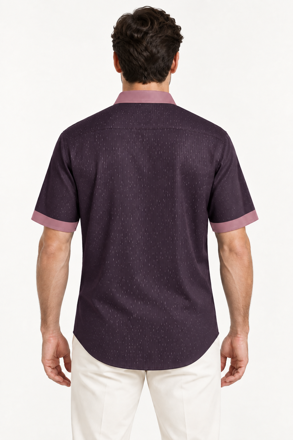 UNIKCOSA Aubergine Rose 100% Silk Satin Button-Down Shirt, back view; AI-generated model illustration.