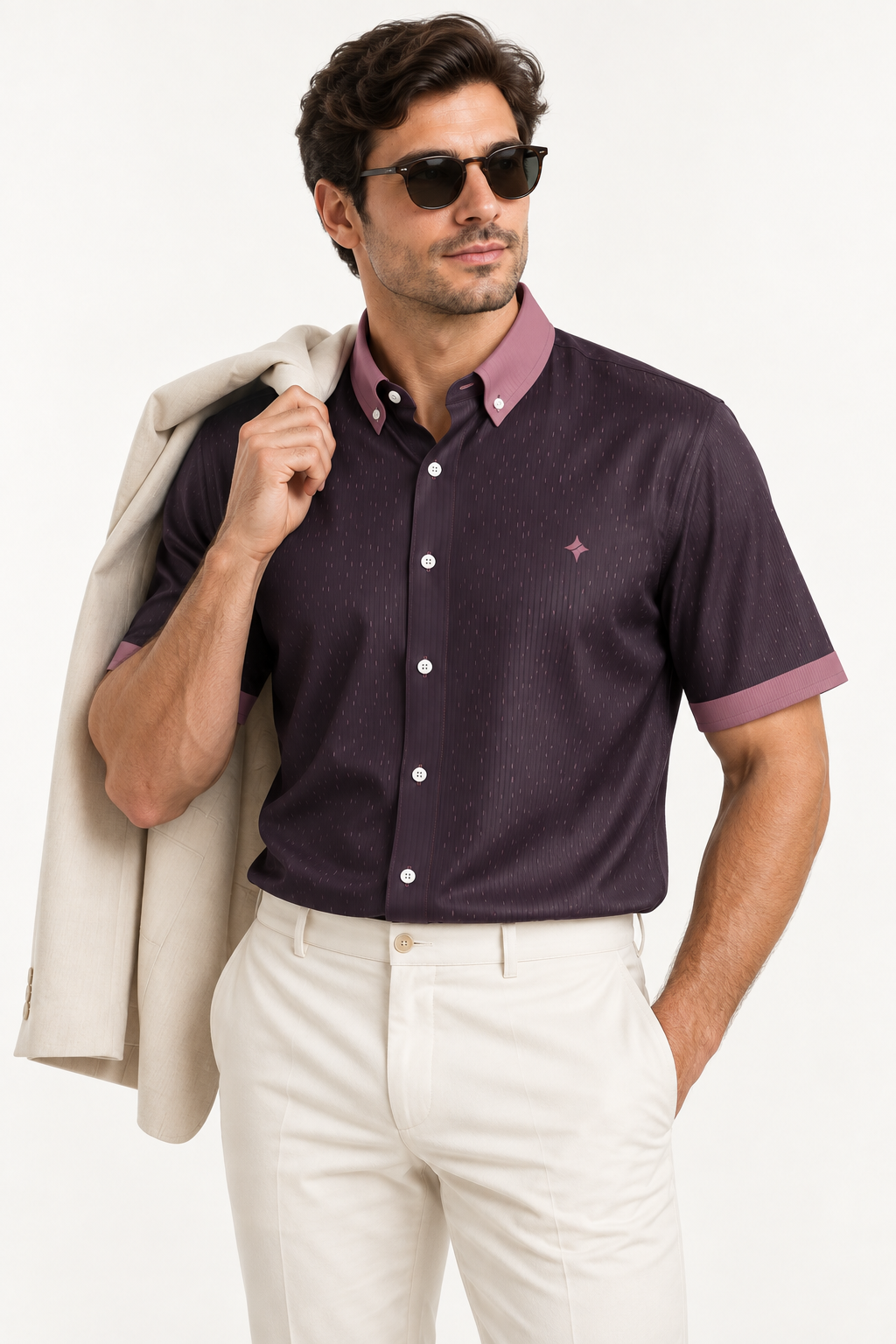 UNIKCOSA Aubergine Rose 100% Silk Satin Button-Down Shirt, tucked styling with coordinated trousers and jacket; AI-generated model illustration.