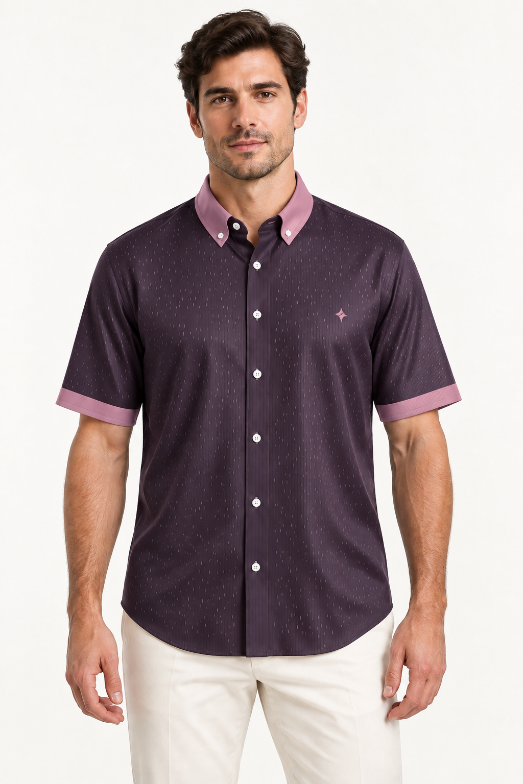 UNIKCOSA Aubergine Rose 100% Silk Satin Button-Down Shirt, front view; AI-generated model illustration.