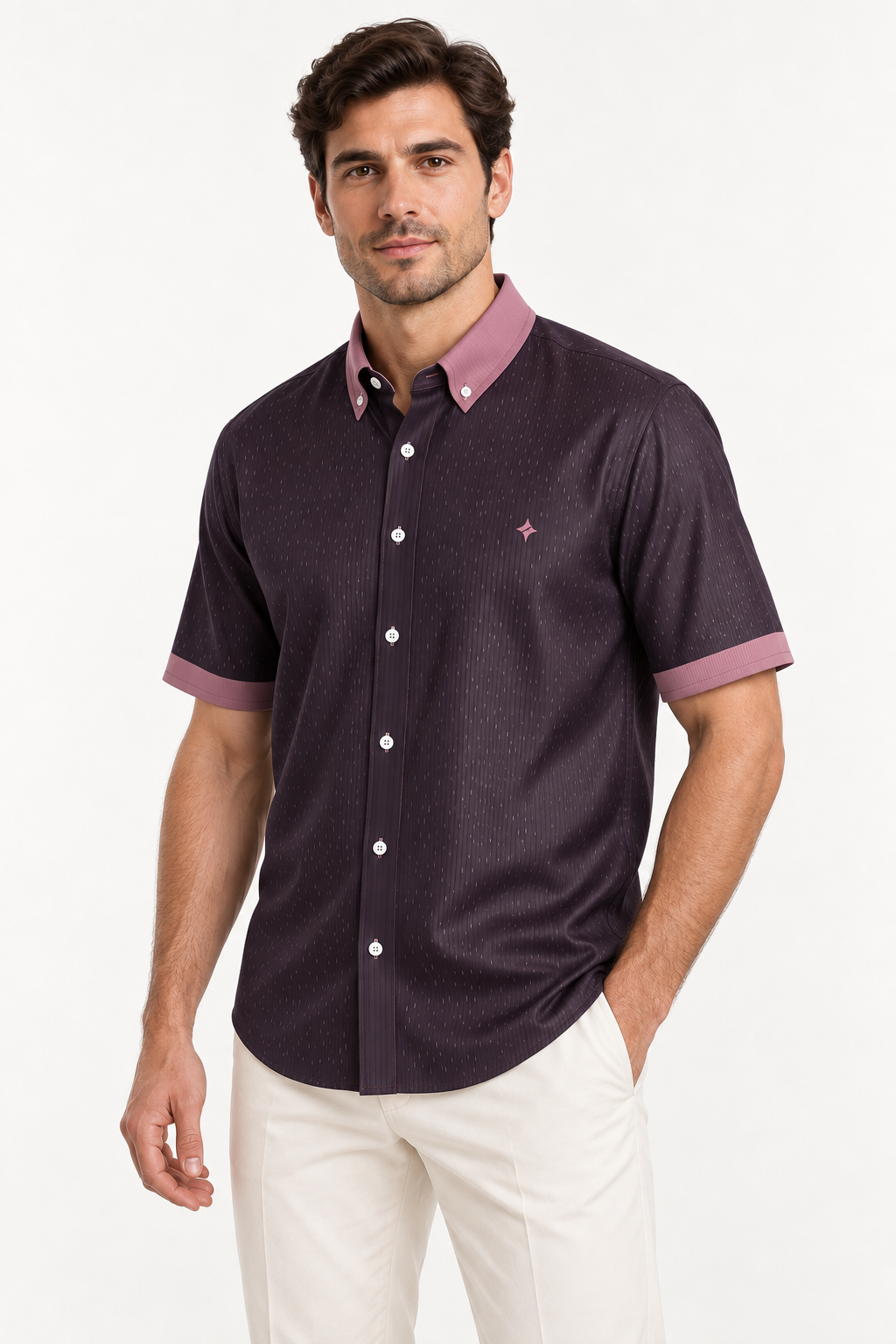 UNIKCOSA Aubergine Rose 100% Silk Satin Button-Down Shirt, side view; AI-generated model illustration.