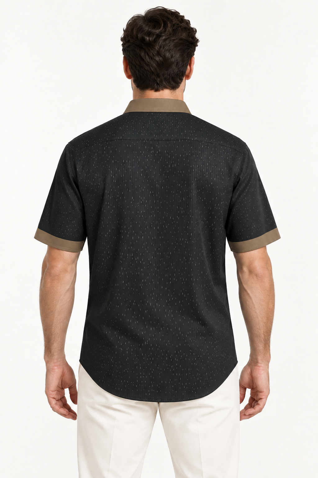 UNIKCOSA Obsidian Bronze 100% Silk Satin Button-Down Shirt, back view; AI-generated model illustration.