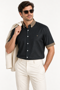 UNIKCOSA Obsidian Bronze 100% Silk Satin Button-Down Shirt, tucked styling with coordinated trousers and jacket; AI-generated model illustration.