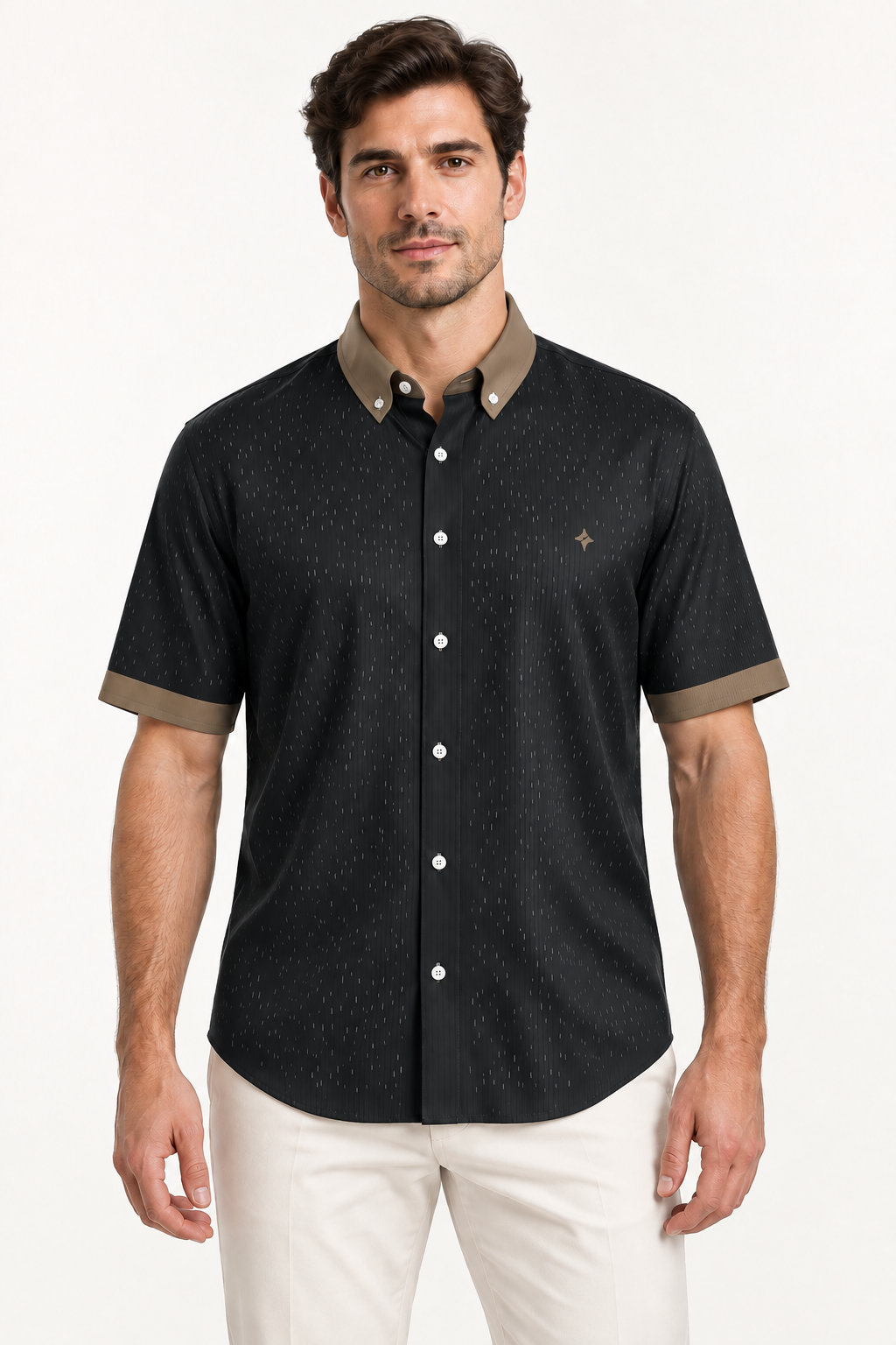 UNIKCOSA Obsidian Bronze 100% Silk Satin Button-Down Shirt, front view; AI-generated model illustration.