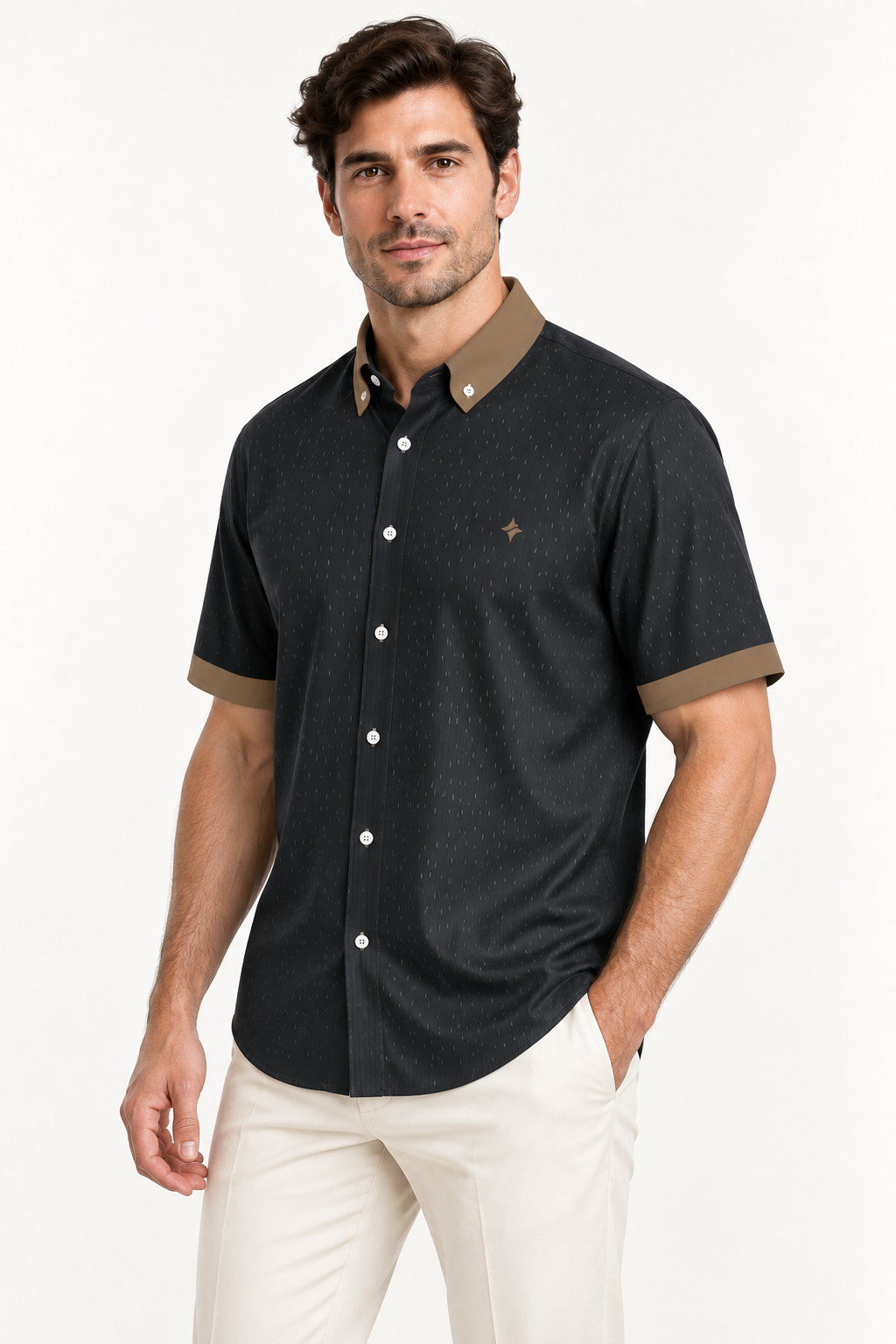 UNIKCOSA Obsidian Bronze 100% Silk Satin Button-Down Shirt, side view; AI-generated model illustration.