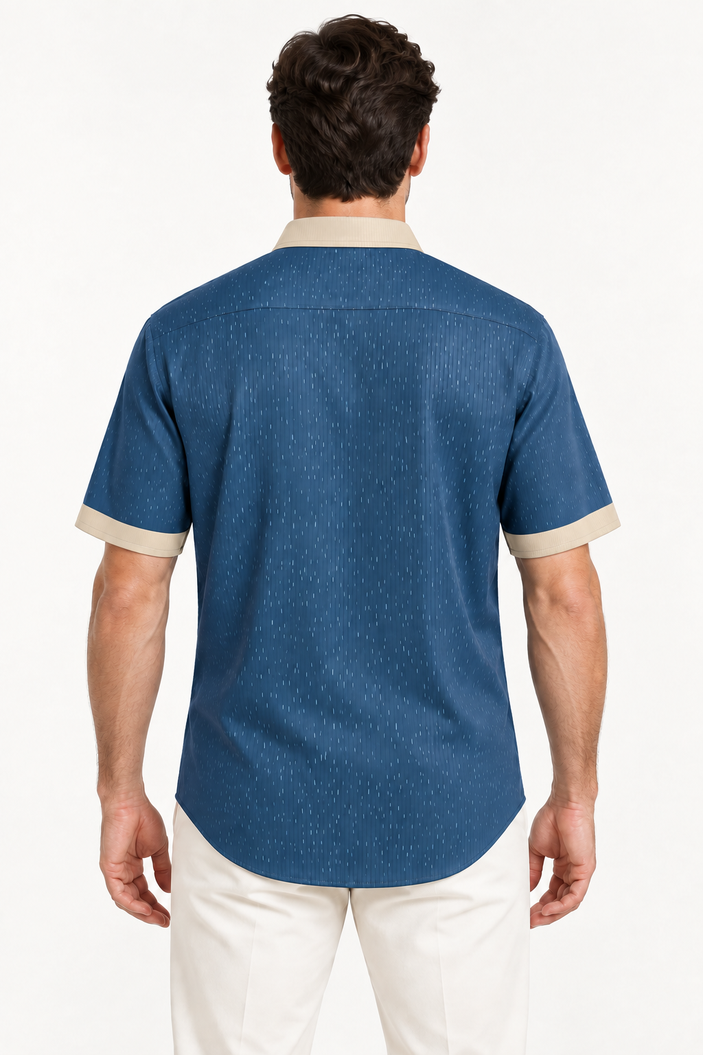 UNIKCOSA Denim Champagne 100% Silk Satin Button-Down Shirt, back view; AI-generated model illustration.