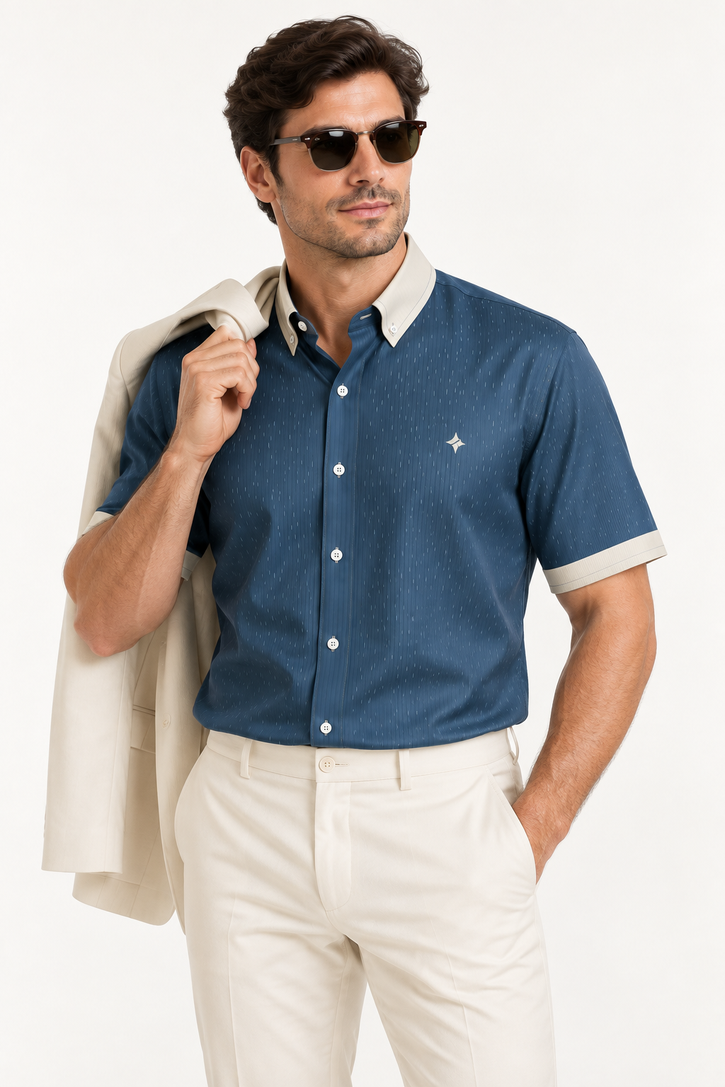 UNIKCOSA Denim Champagne 100% Silk Satin Button-Down Shirt, tucked styling with coordinated trousers and jacket; AI-generated model illustration.