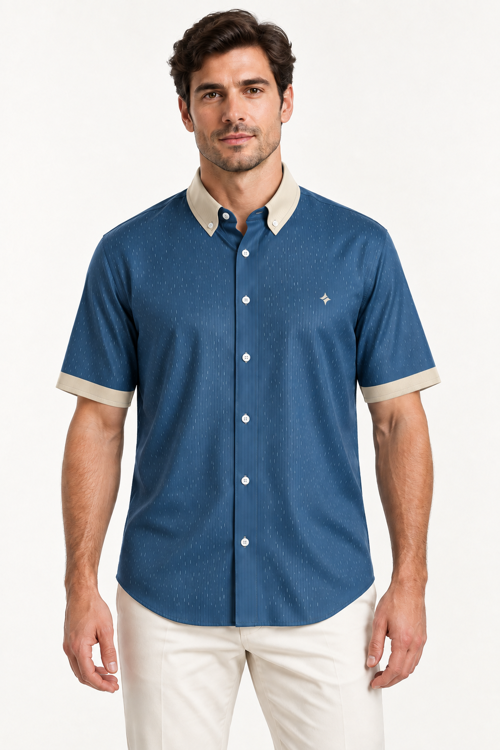 UNIKCOSA Denim Champagne 100% Silk Satin Button-Down Shirt, front view; AI-generated model illustration.