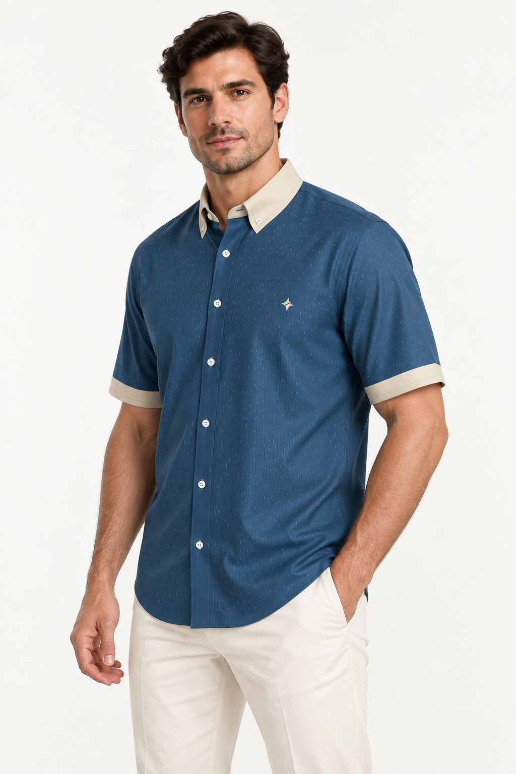 UNIKCOSA Denim Champagne 100% Silk Satin Button-Down Shirt, side view; AI-generated model illustration.