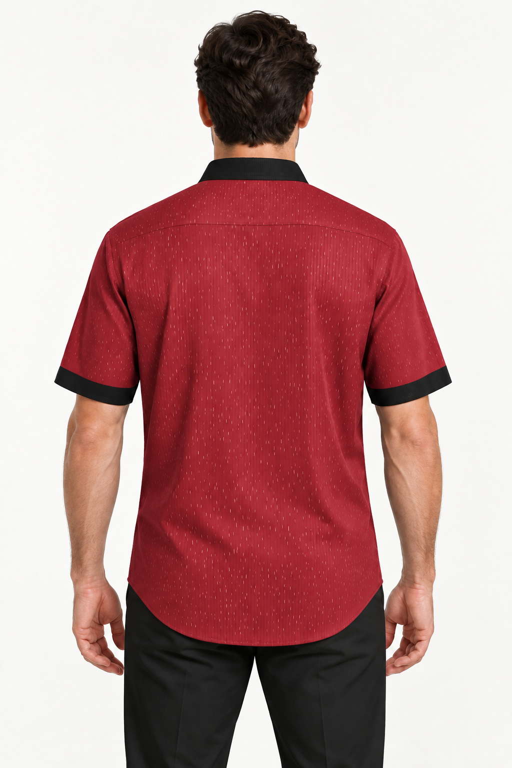 UNIKCOSA Cherry Noir 100% Silk Satin Button-Down Shirt, back view; AI-generated model illustration.