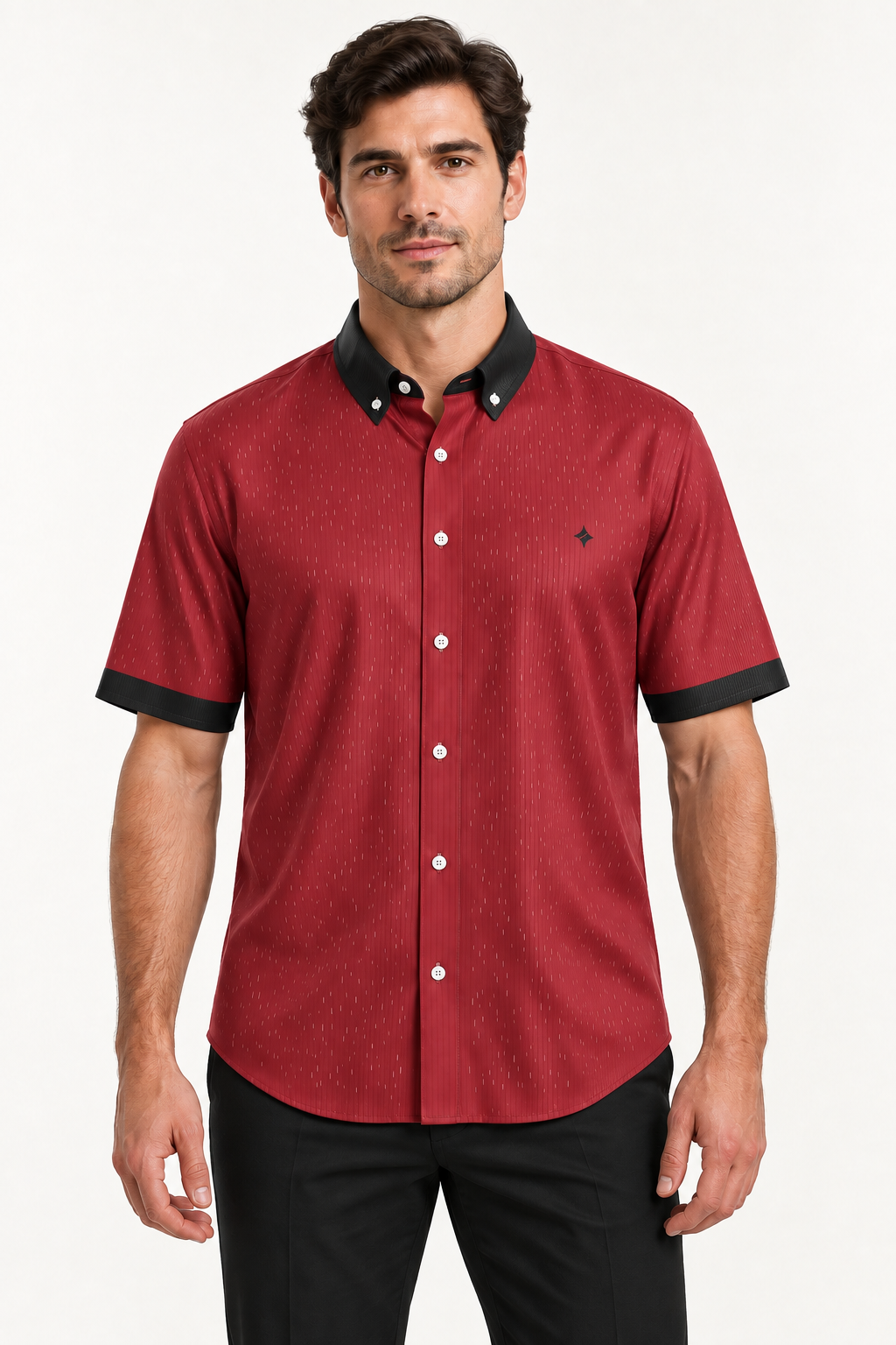 UNIKCOSA Cherry Noir 100% Silk Satin Button-Down Shirt, front view; AI-generated model illustration.
