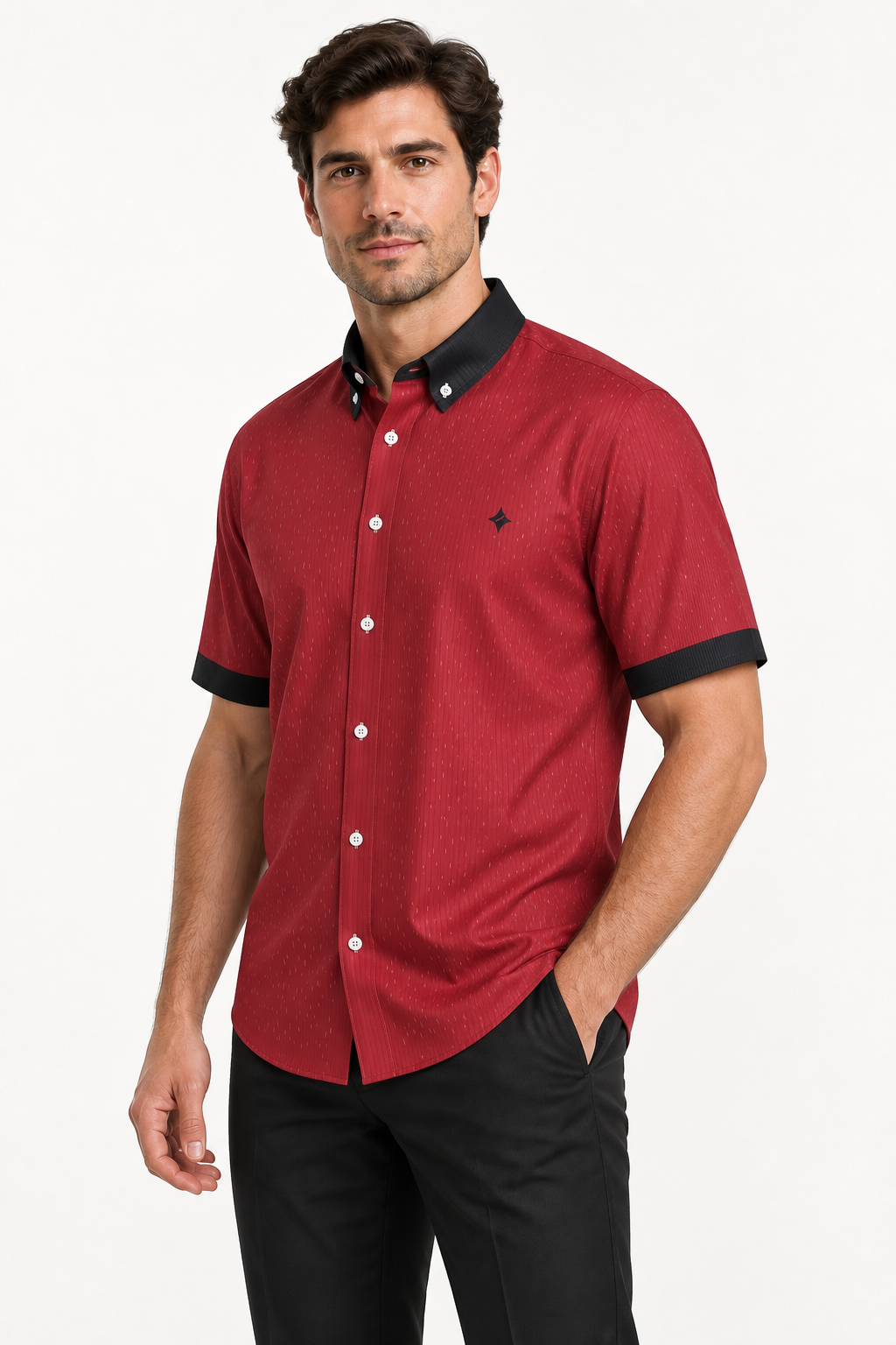 UNIKCOSA Cherry Noir 100% Silk Satin Button-Down Shirt, side view; AI-generated model illustration.