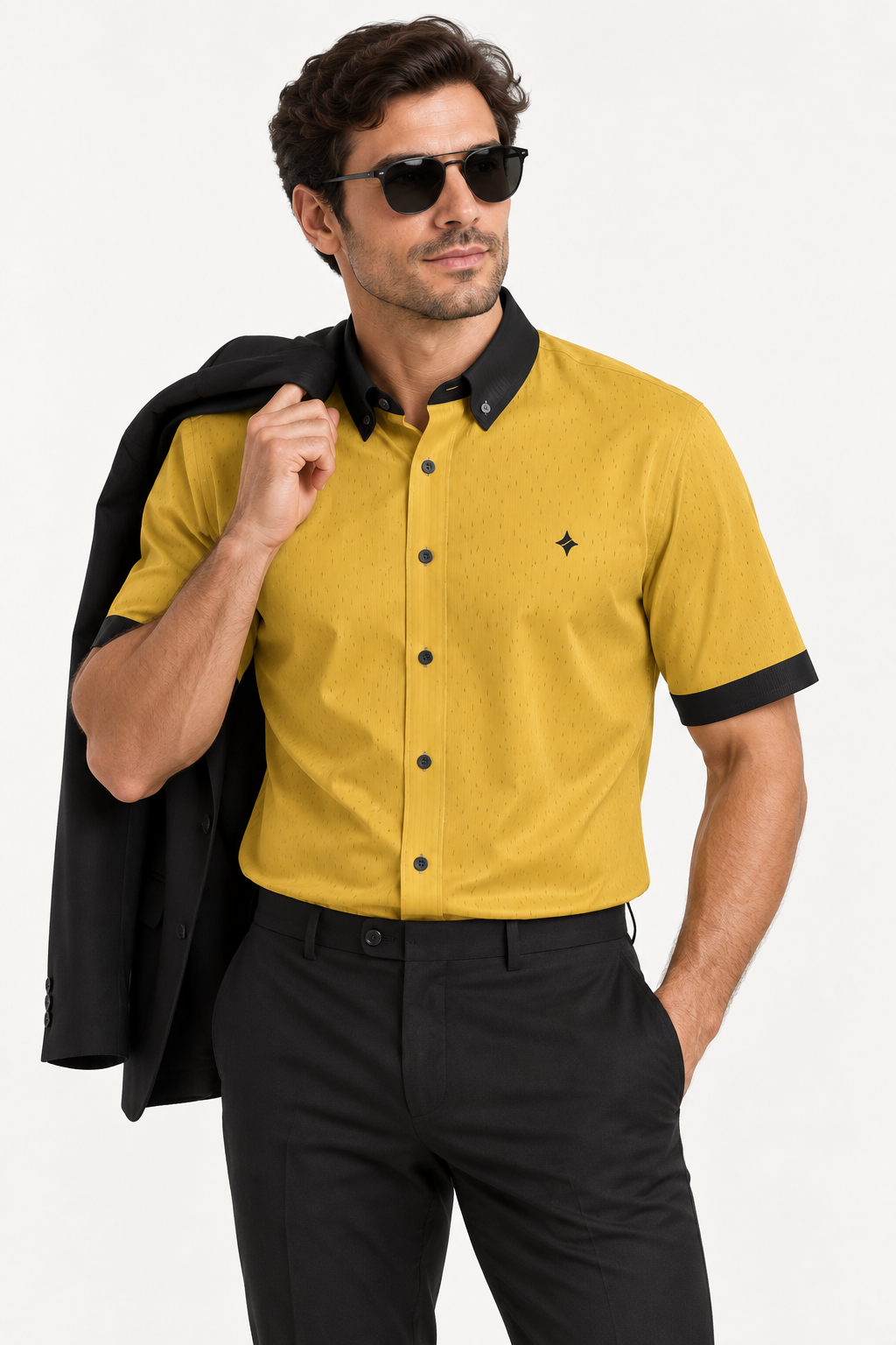 UNIKCOSA Solar Noir 100% Silk Satin Button-Down Shirt, tucked styling with coordinated trousers and jacket; AI-generated model illustration.