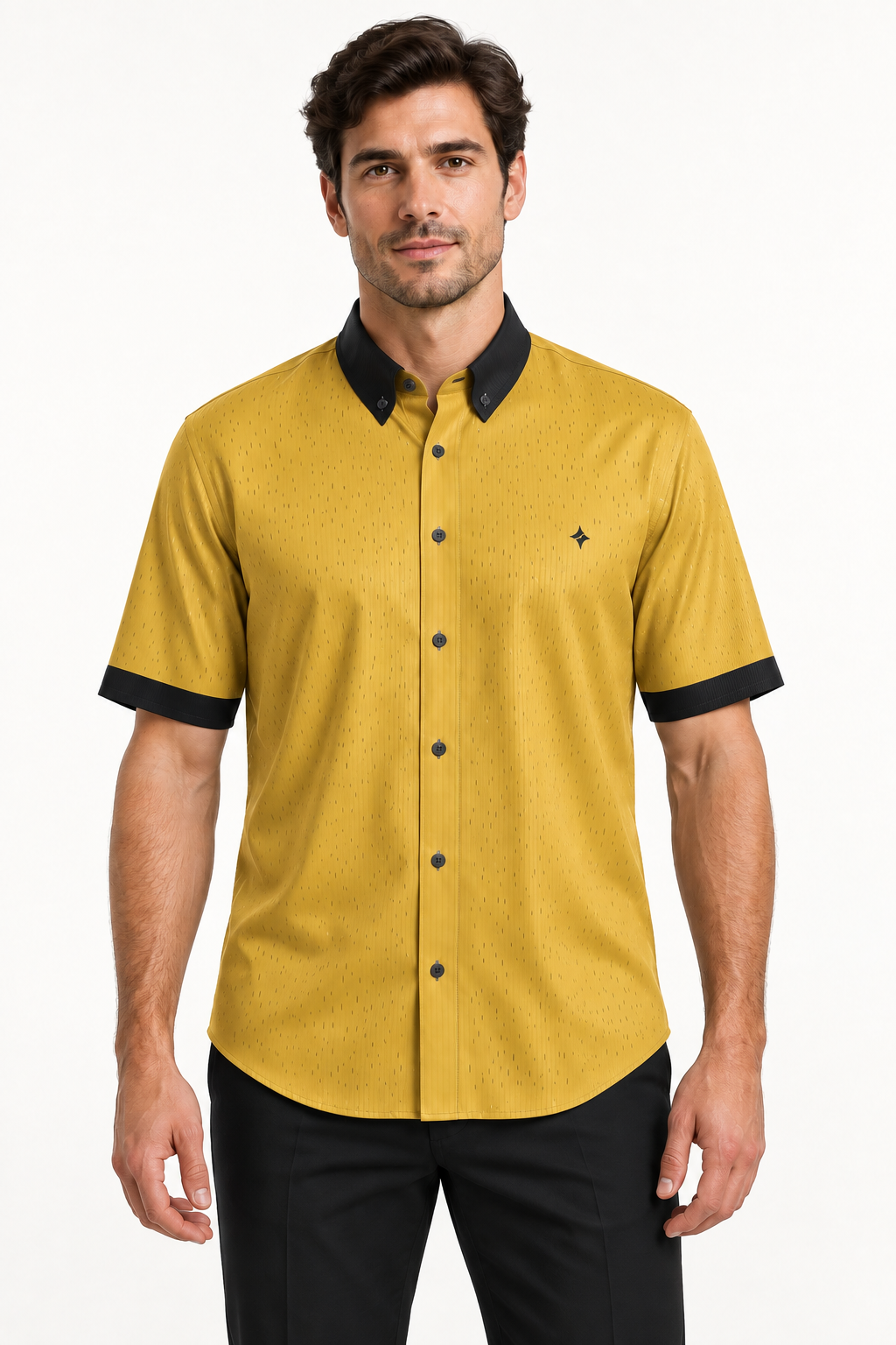 UNIKCOSA Solar Noir 100% Silk Satin Button-Down Shirt, front view; AI-generated model illustration.