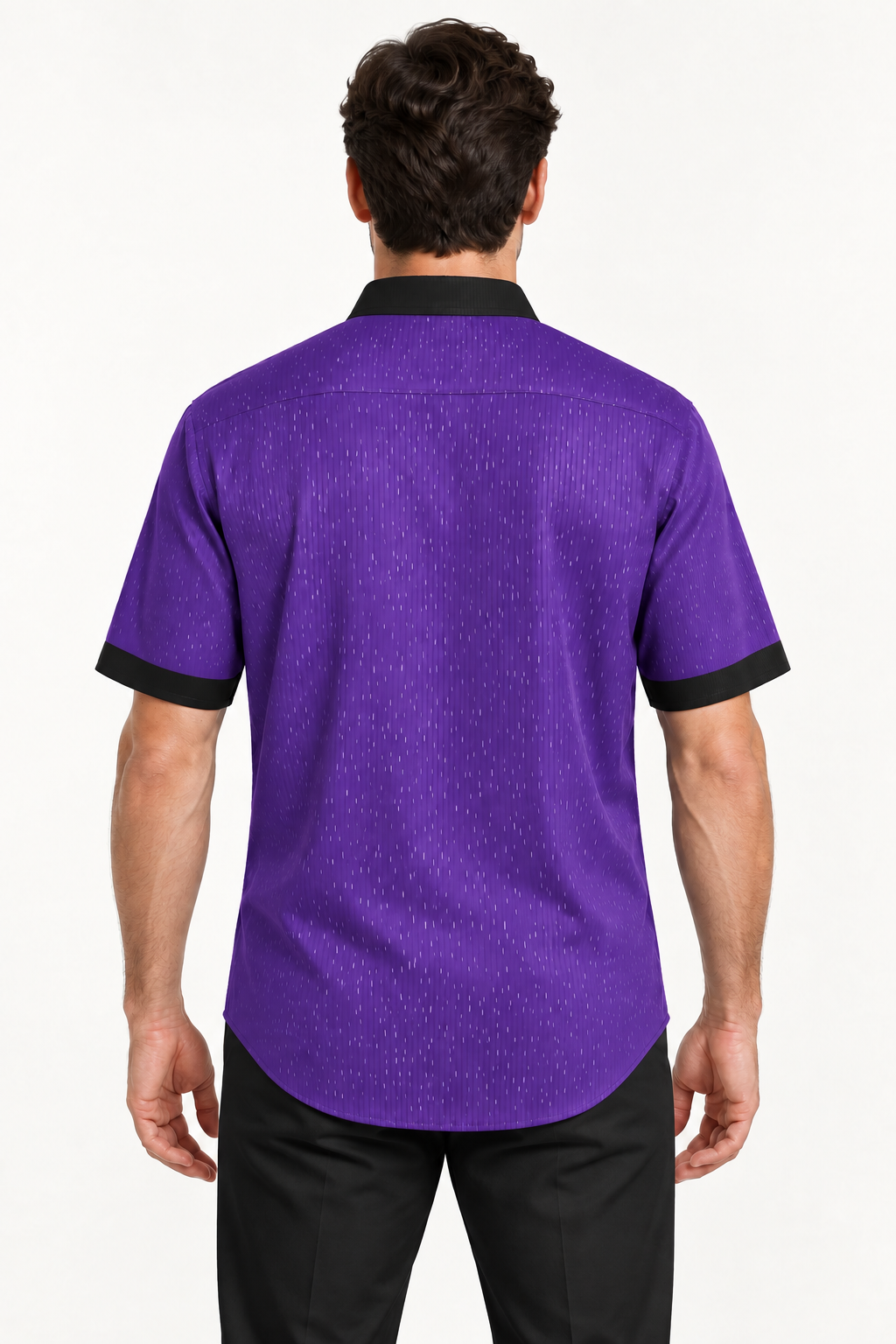 UNIKCOSA Royal Purple Noir 100% Silk Satin Button-Down Shirt, back view; AI-generated model illustration.
