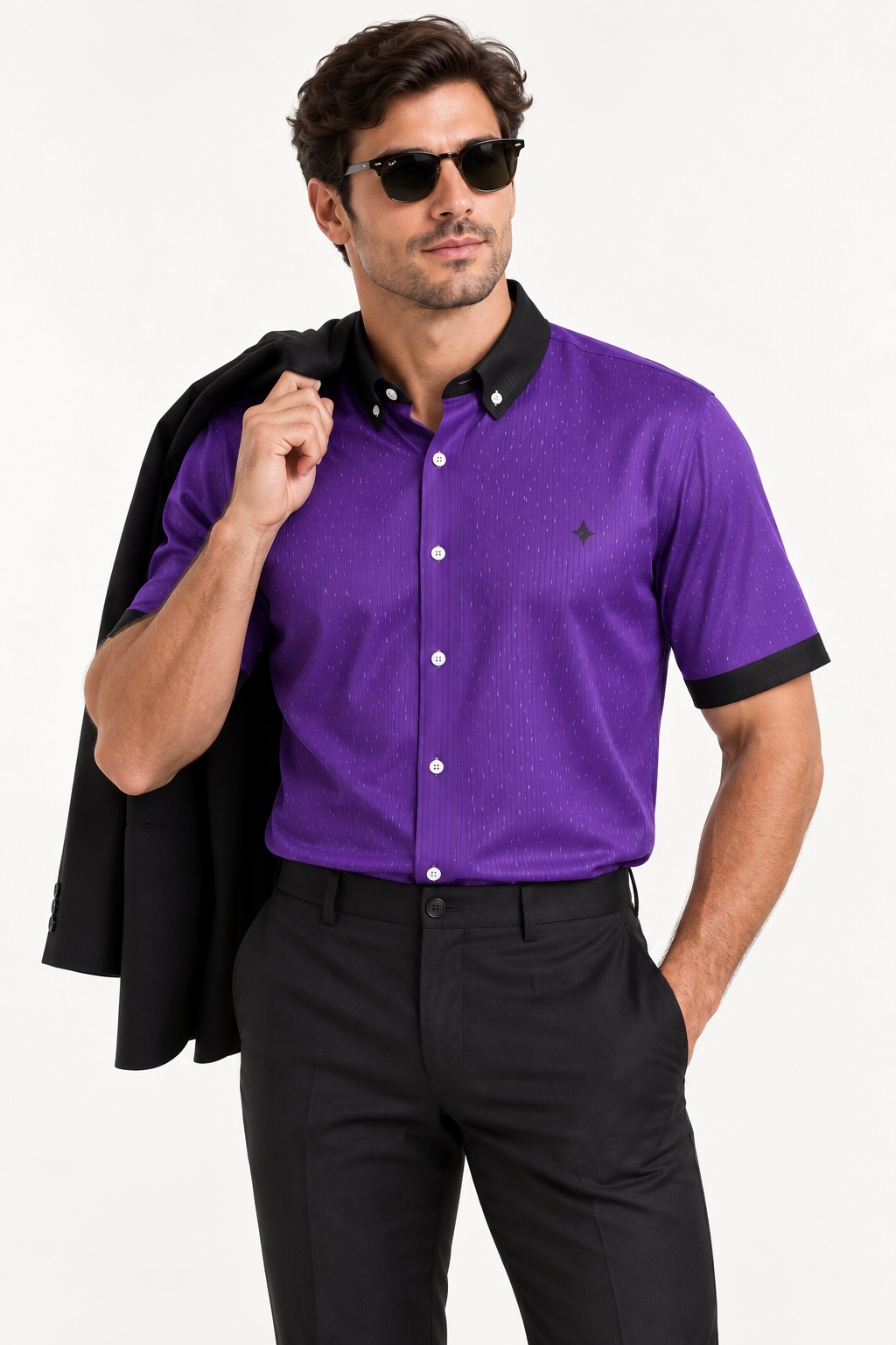 UNIKCOSA Royal Purple Noir 100% Silk Satin Button-Down Shirt, tucked styling with coordinated trousers and jacket; AI-generated model illustration.
