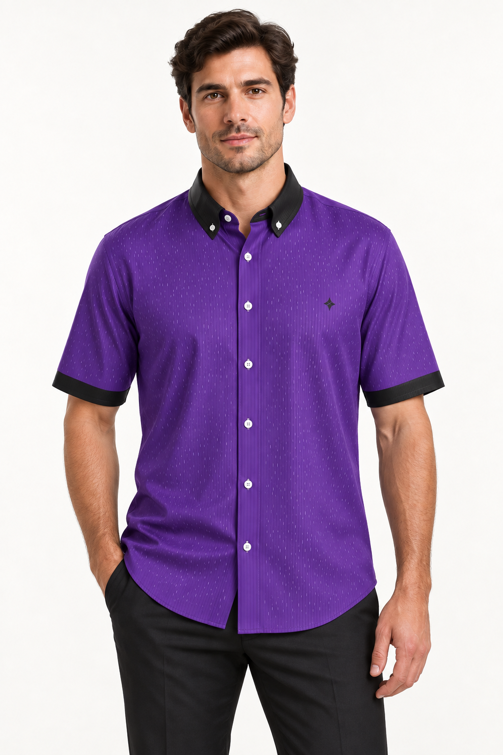 UNIKCOSA Royal Purple Noir 100% Silk Satin Button-Down Shirt, front view; AI-generated model illustration.