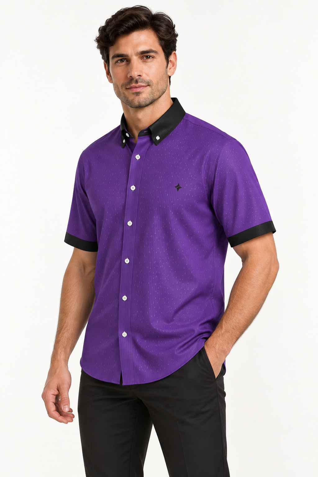 UNIKCOSA Royal Purple Noir 100% Silk Satin Button-Down Shirt, side view; AI-generated model illustration.