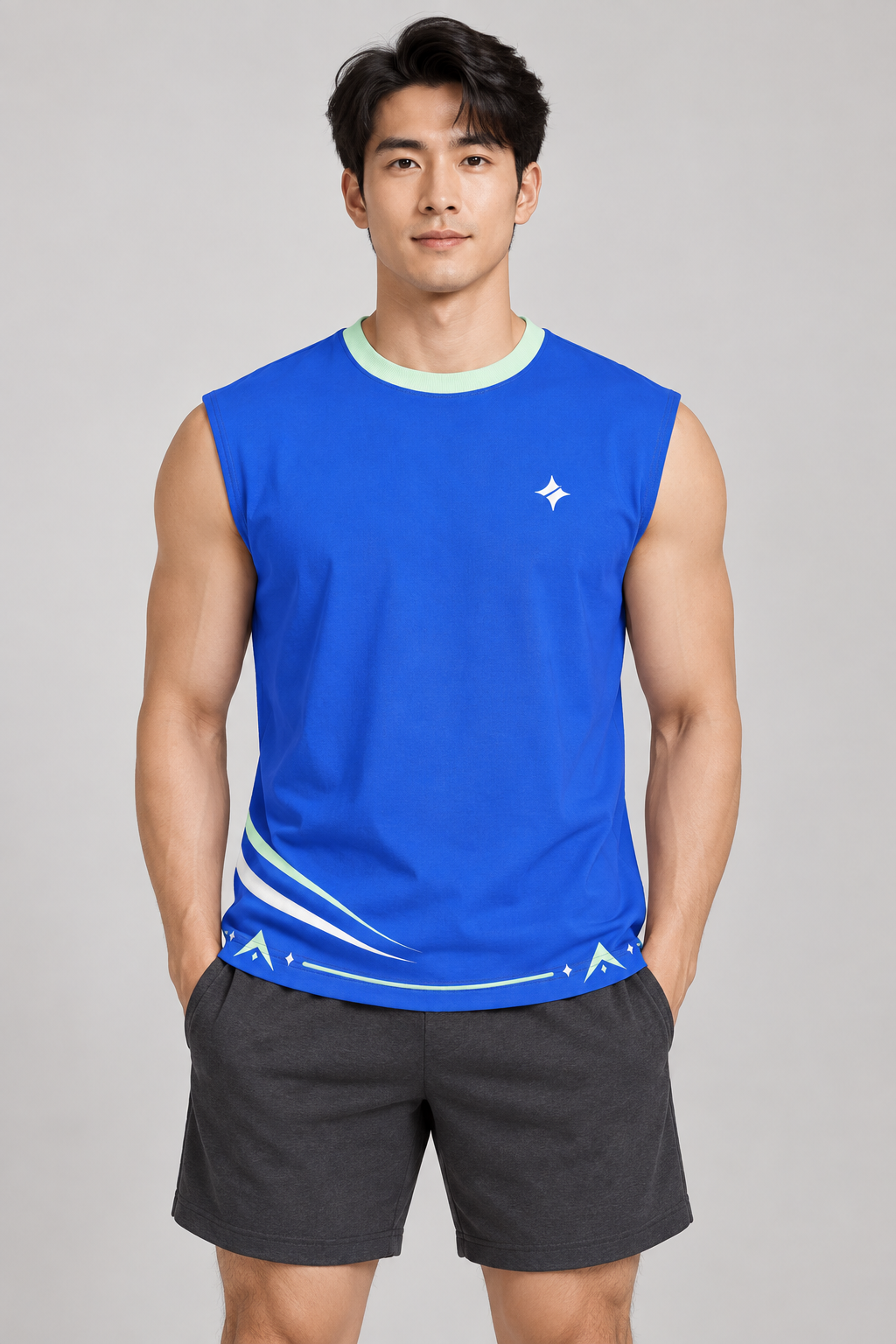 Electric Mint sleeveless cotton T-shirt – front on-model styling illustration