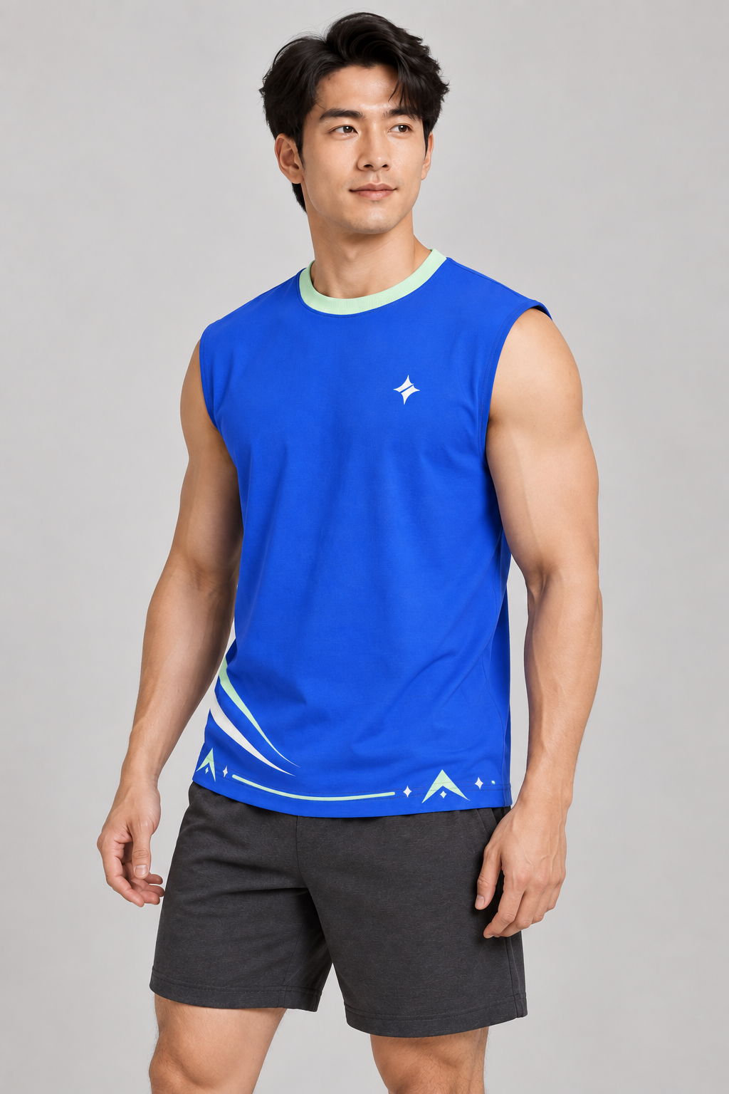 Electric Mint sleeveless cotton T-shirt – side on-model styling illustration