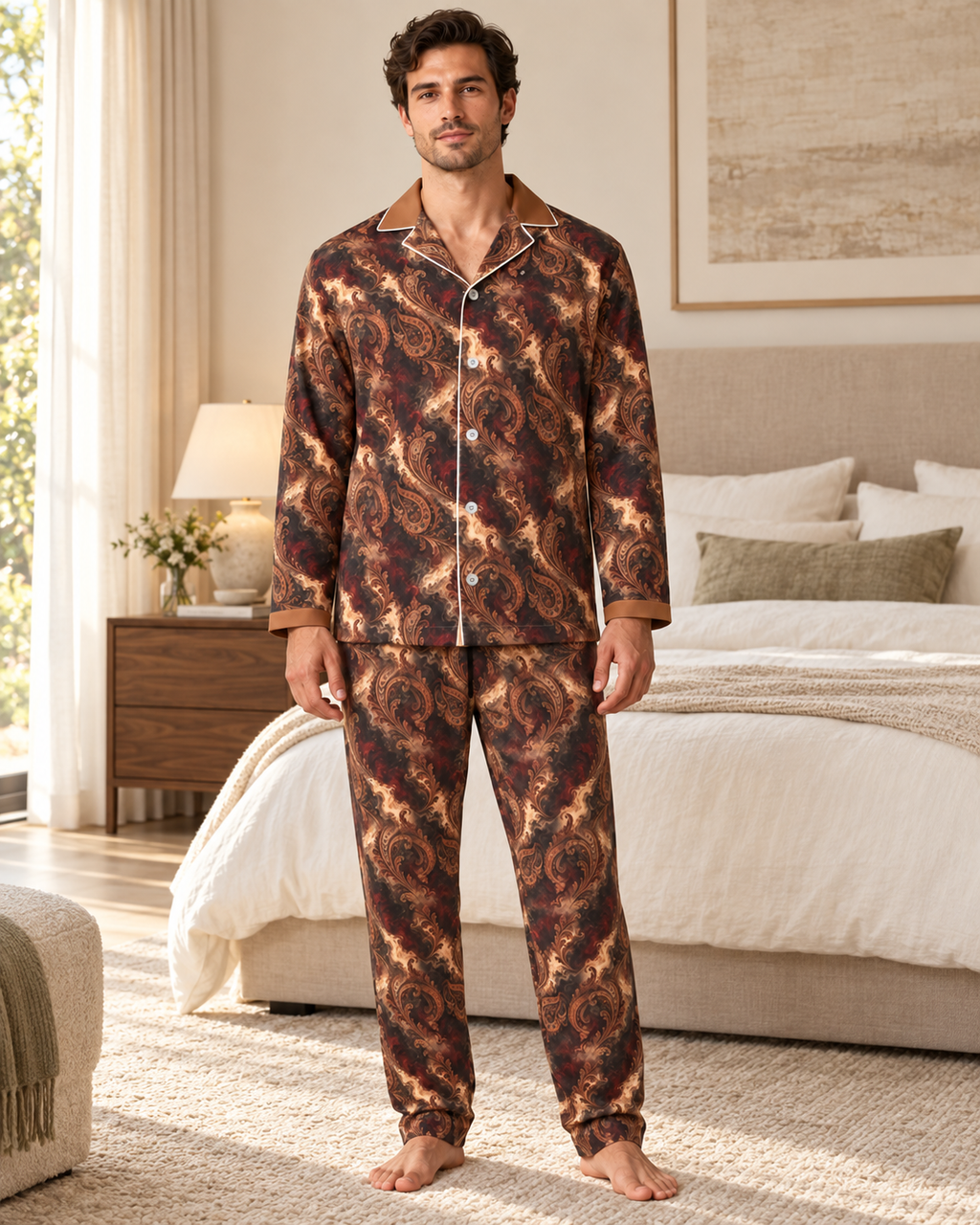Adult model wearing the Ember Paisley Luxury Pajama Set in a bright bedroom — AI styling illustration