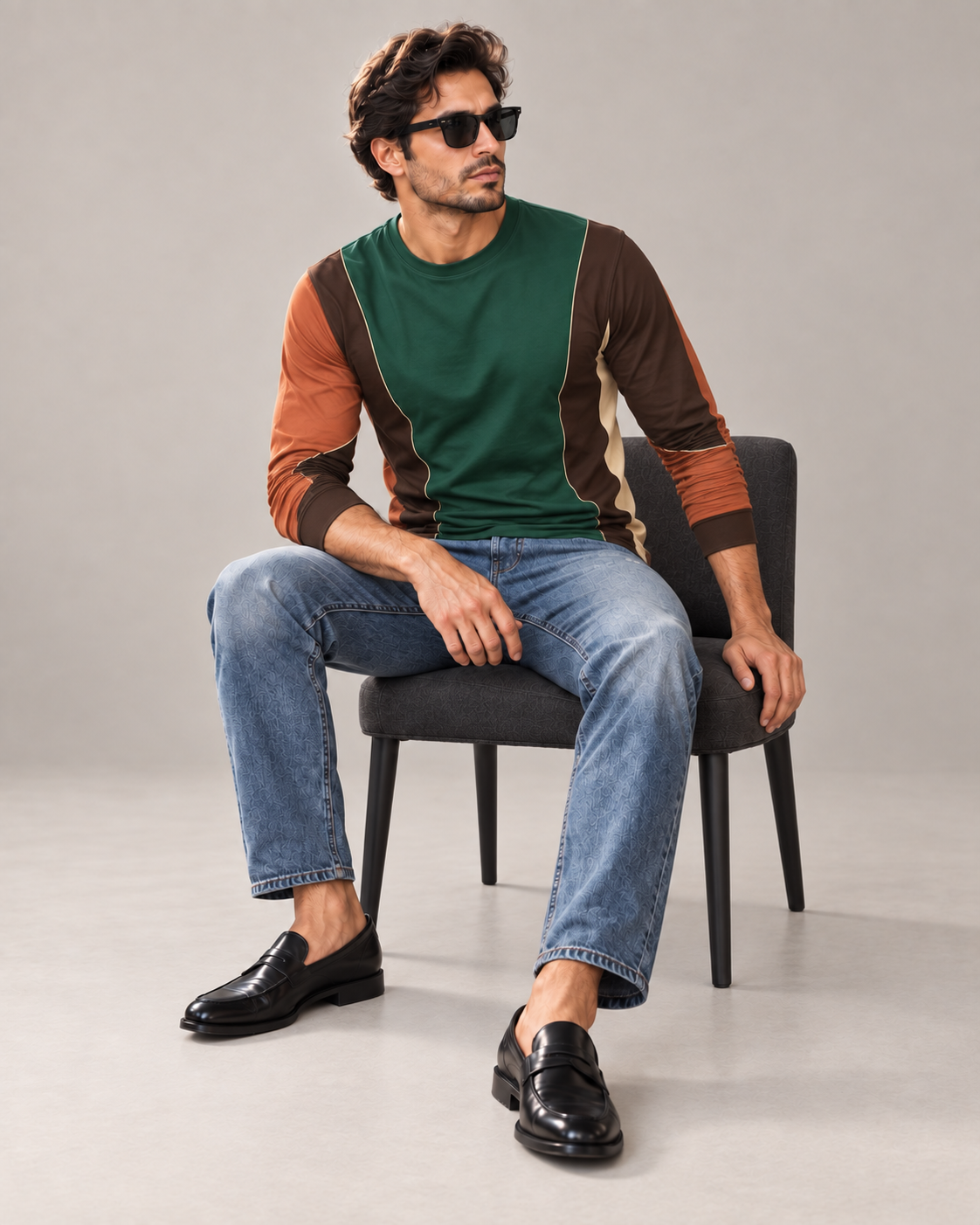 Emerald Sienna Luxury Bounce Cotton Long Sleeve T-Shirt by UNIKCOSA, seated with sleeves styled on a plain stone-grey background — AI styling visual