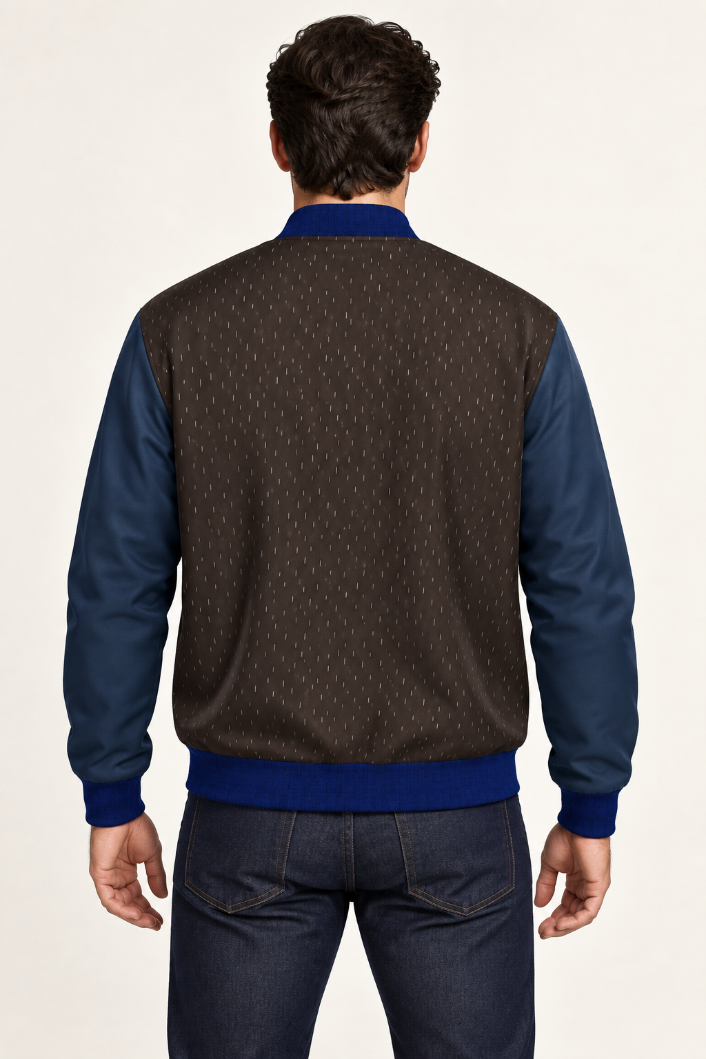 Espresso Ink Rhythm satin bomber jacket — back on-model styling illustration