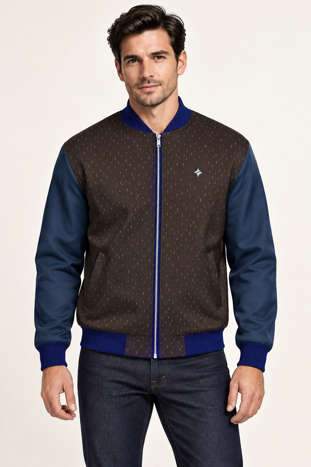 Espresso Ink Rhythm satin bomber jacket — front on-model styling illustration