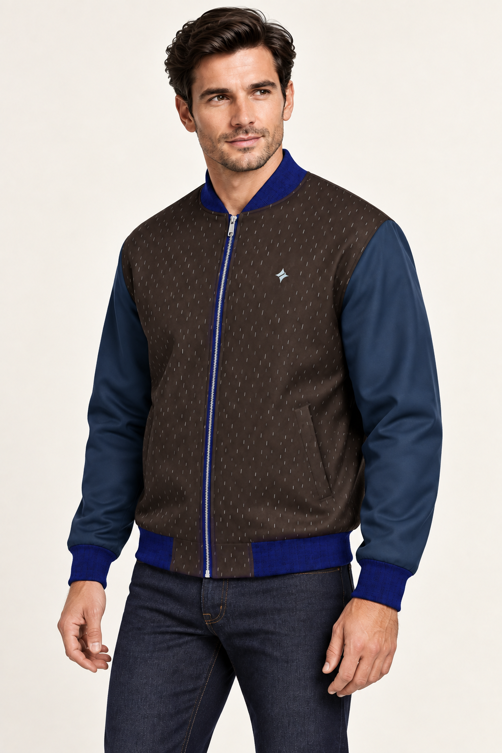 Espresso Ink Rhythm satin bomber jacket — three-quarter on-model styling illustration