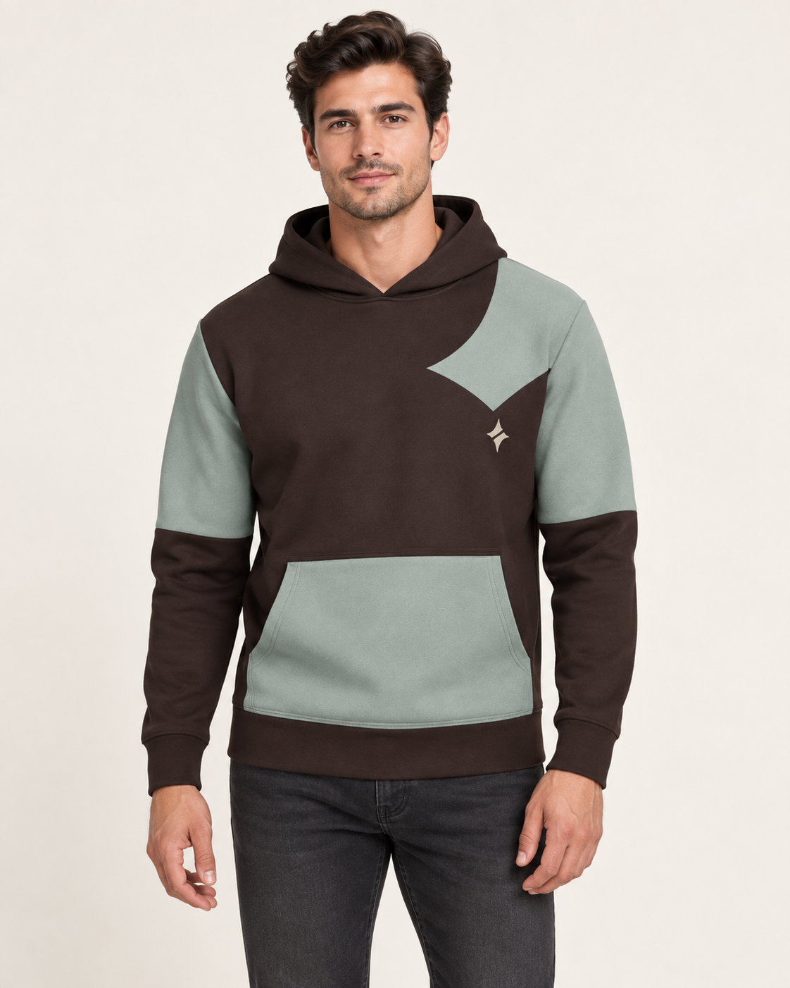 Espresso Mineral Framebreak Nero Ponte Hoodie, front on-model AI styling illustration
