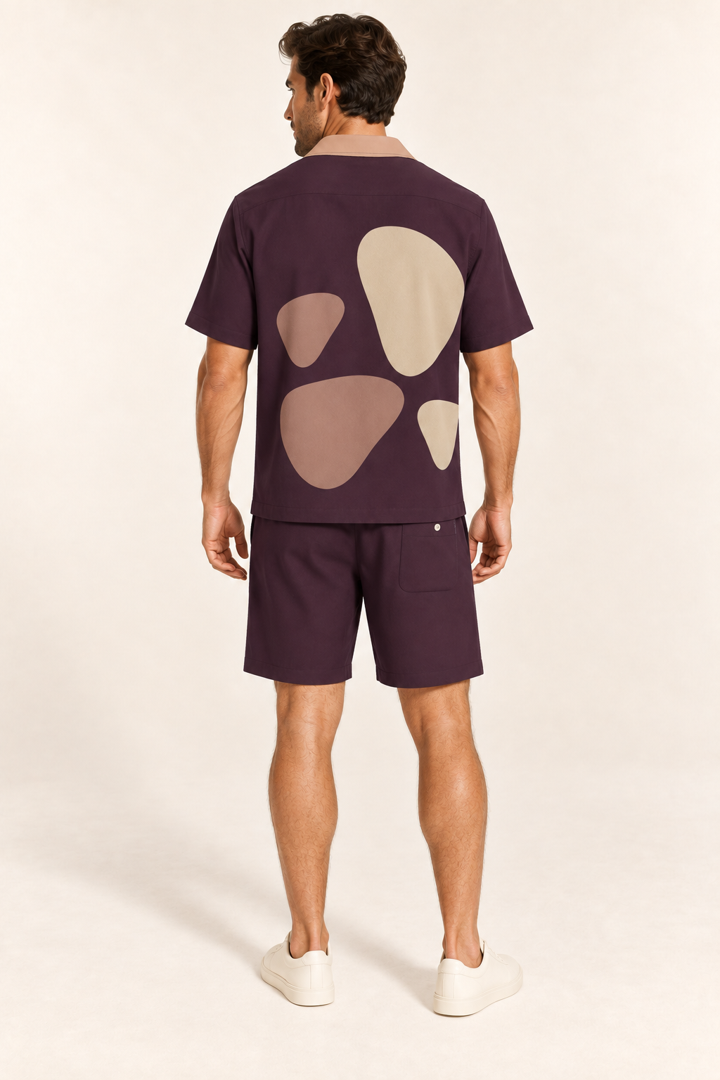 Fig Sandstone cotton satin shirt and shorts set, back model view. AI-generated styling illustration.