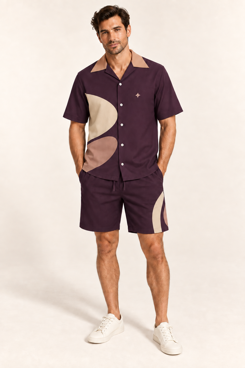 Fig Sandstone cotton satin shirt and shorts set, front model view. AI-generated styling illustration.