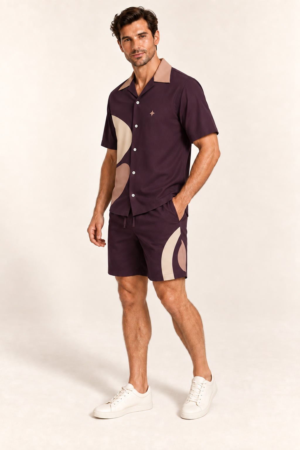 Fig Sandstone cotton satin shirt and shorts set, side model view. AI-generated styling illustration.