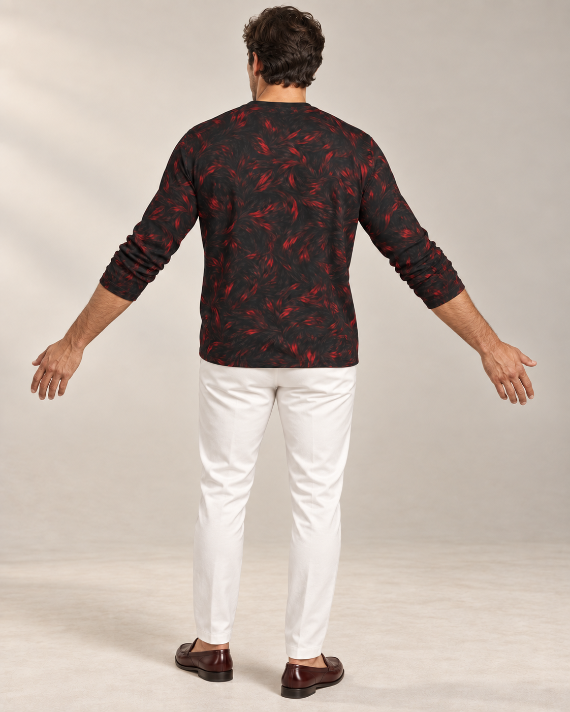 Fire Phoenix Luxury Long Sleeve T-Shirt by UNIKCOSA, rear with arms extended view with white tailored trousers and cherry-brown loafers — AI-generated model illustration