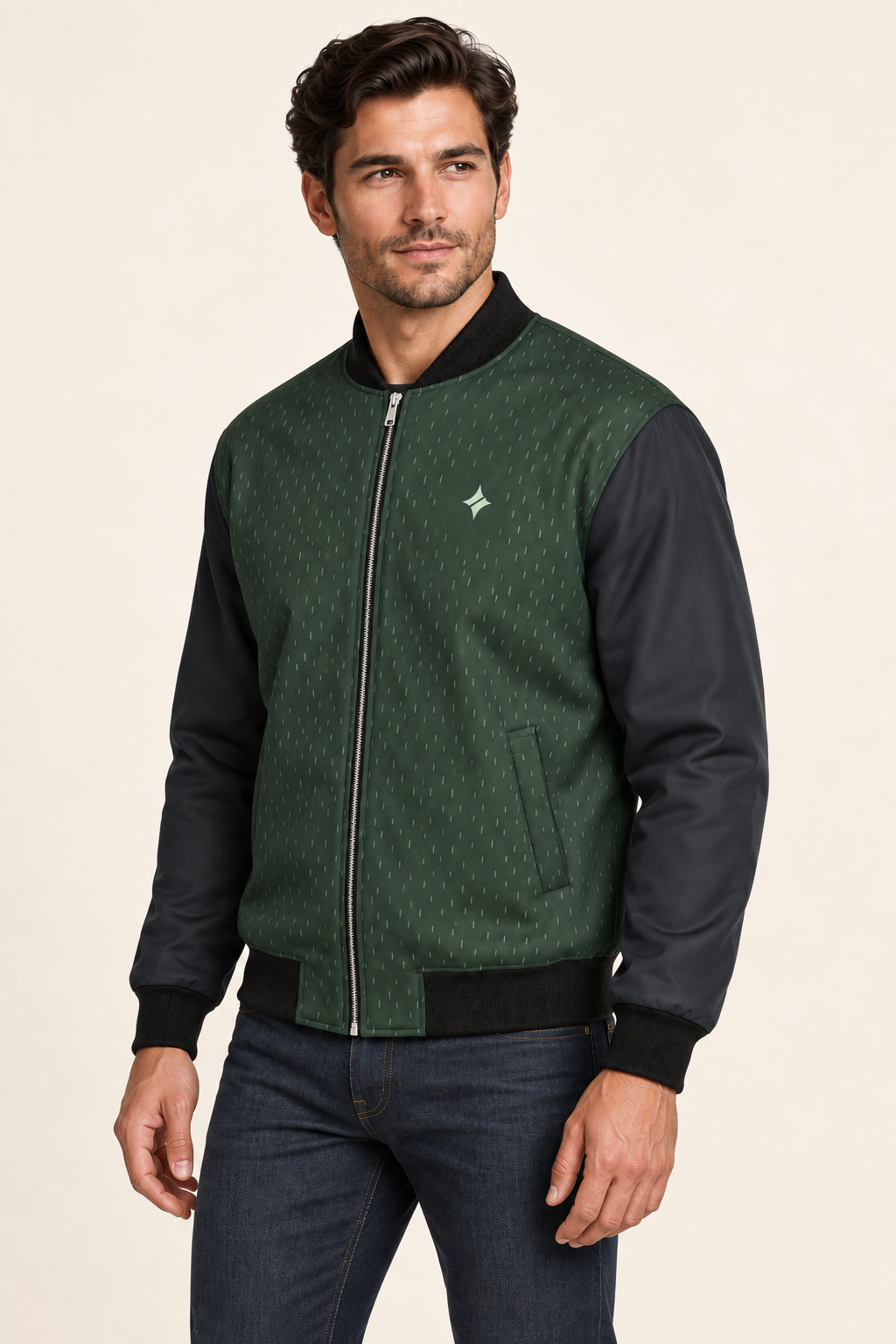 Forest Charcoal Rhythm satin bomber jacket — three-quarter on-model styling illustration